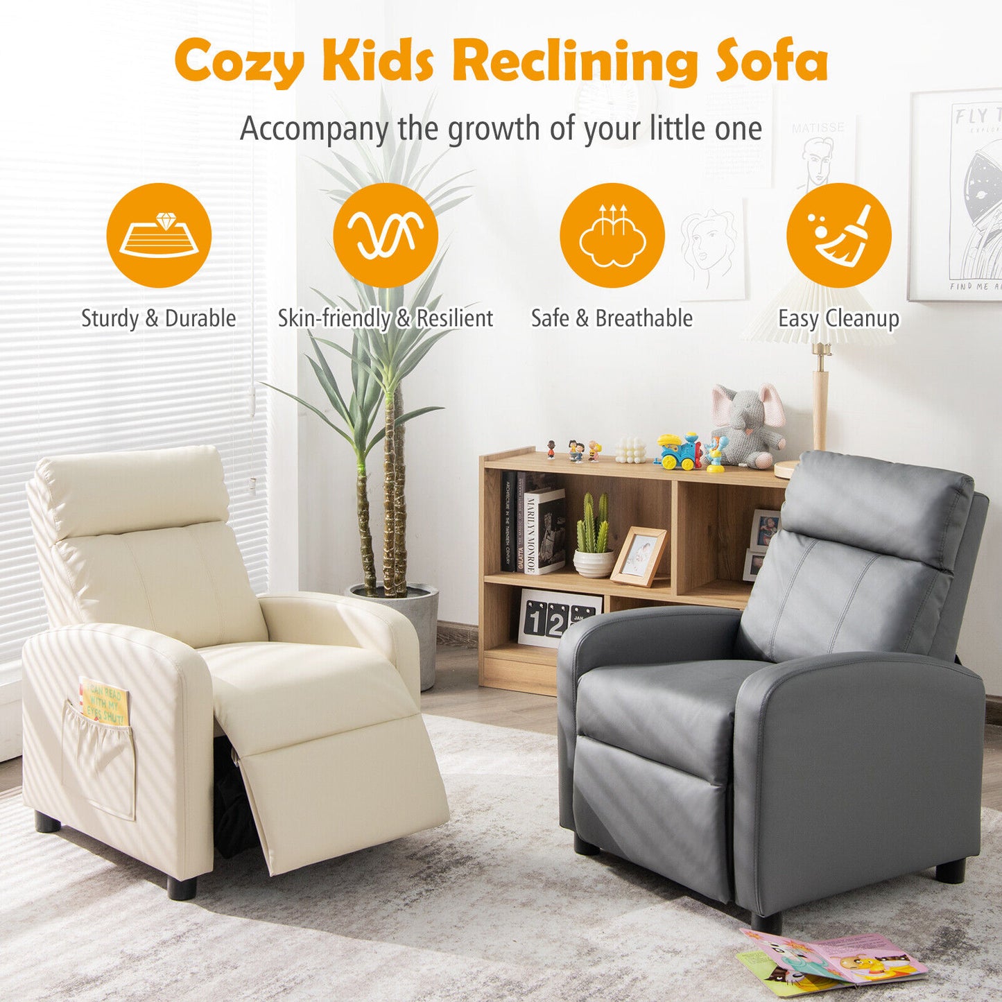Ergonomic PU Leather Kids Recliner Lounge Sofa for 3-12 Age Group-White Kids Crystal
