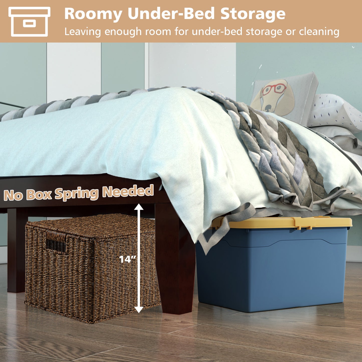 14 Inch Full Size Wood Platform Bed Frame with Wood Slat Support-Brown Kids Crystal