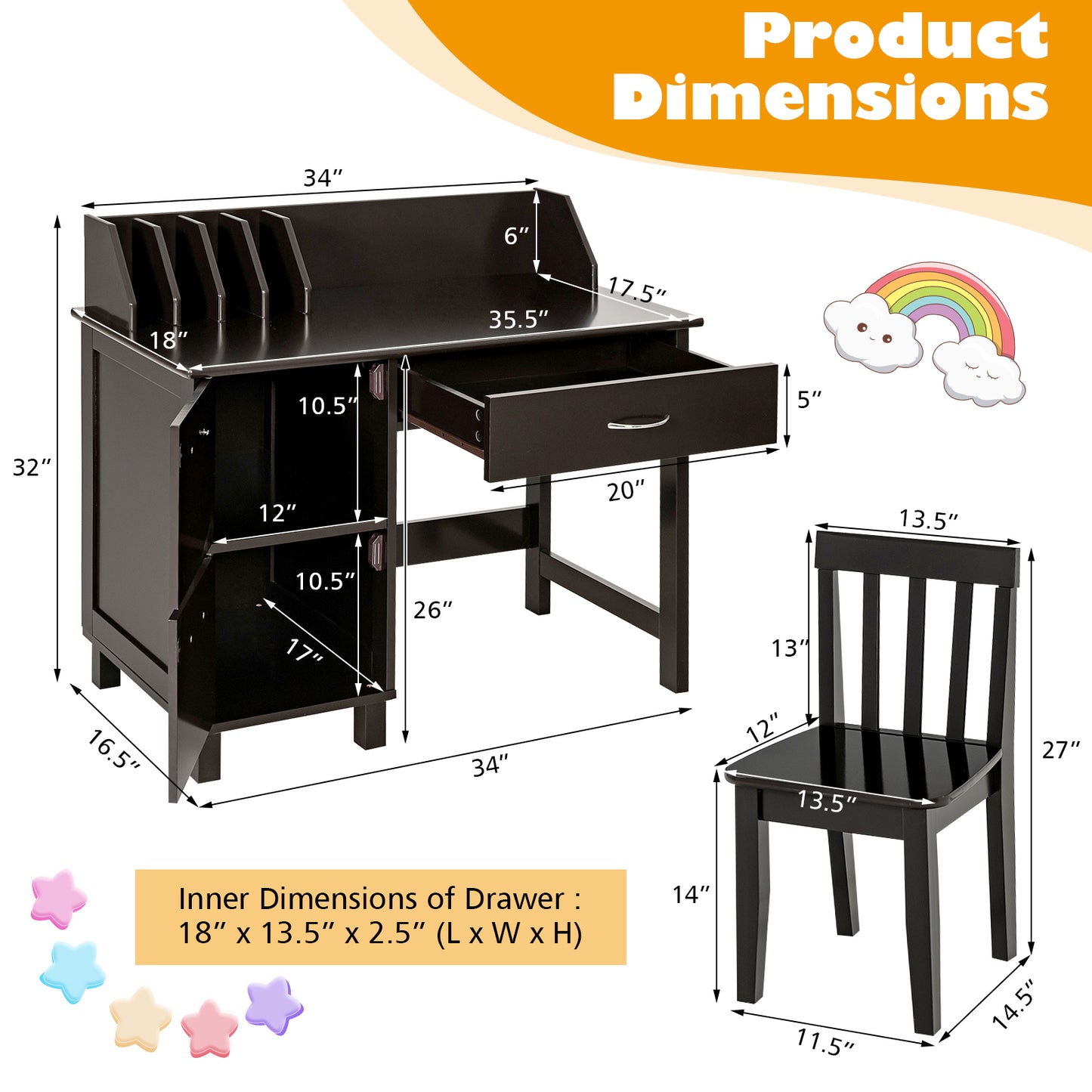 Kids Wooden Writing Furniture Set with Drawer and Storage Cabinet-Dark Brown Kids Crystal
