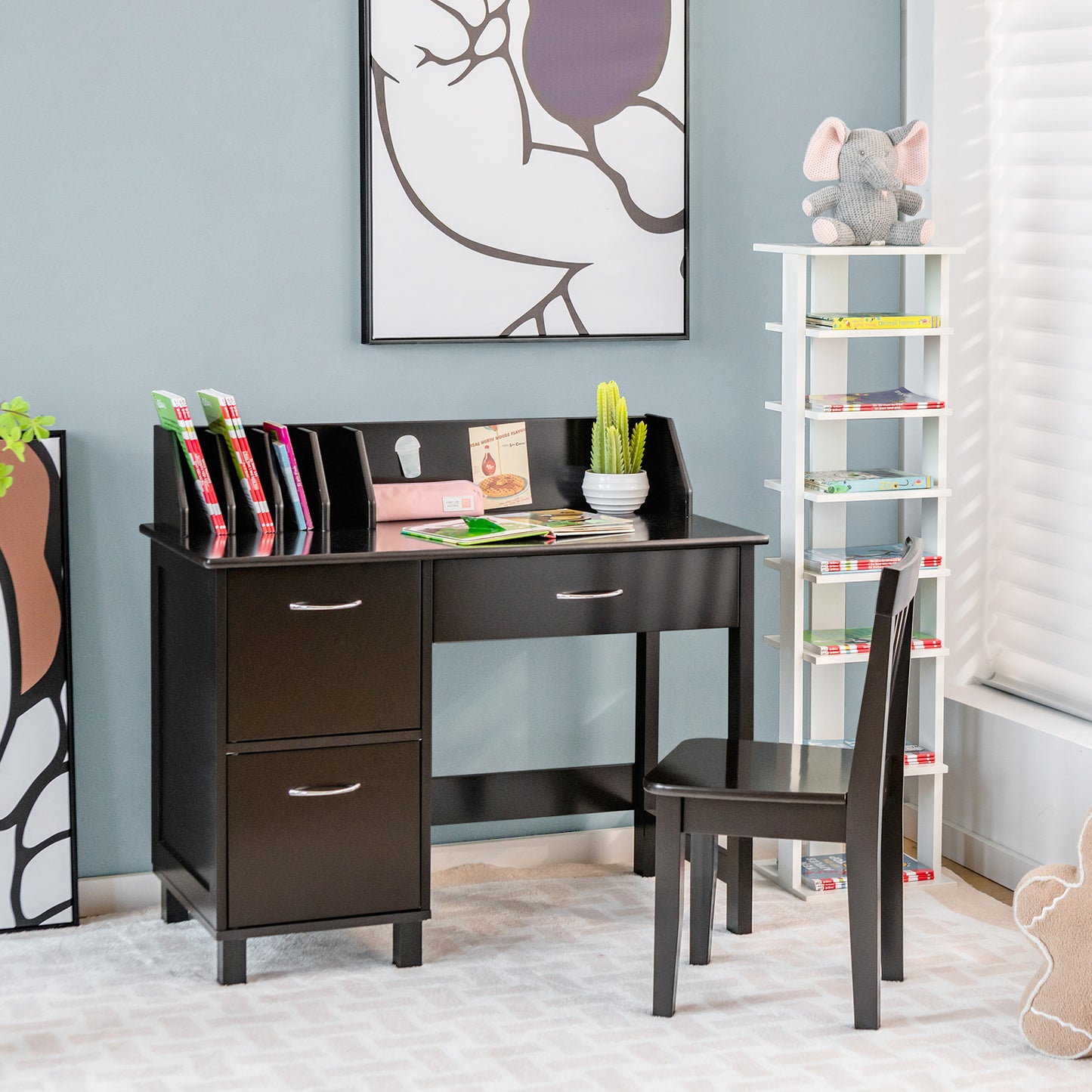 Kids Wooden Writing Furniture Set with Drawer and Storage Cabinet-Dark Brown Kids Crystal