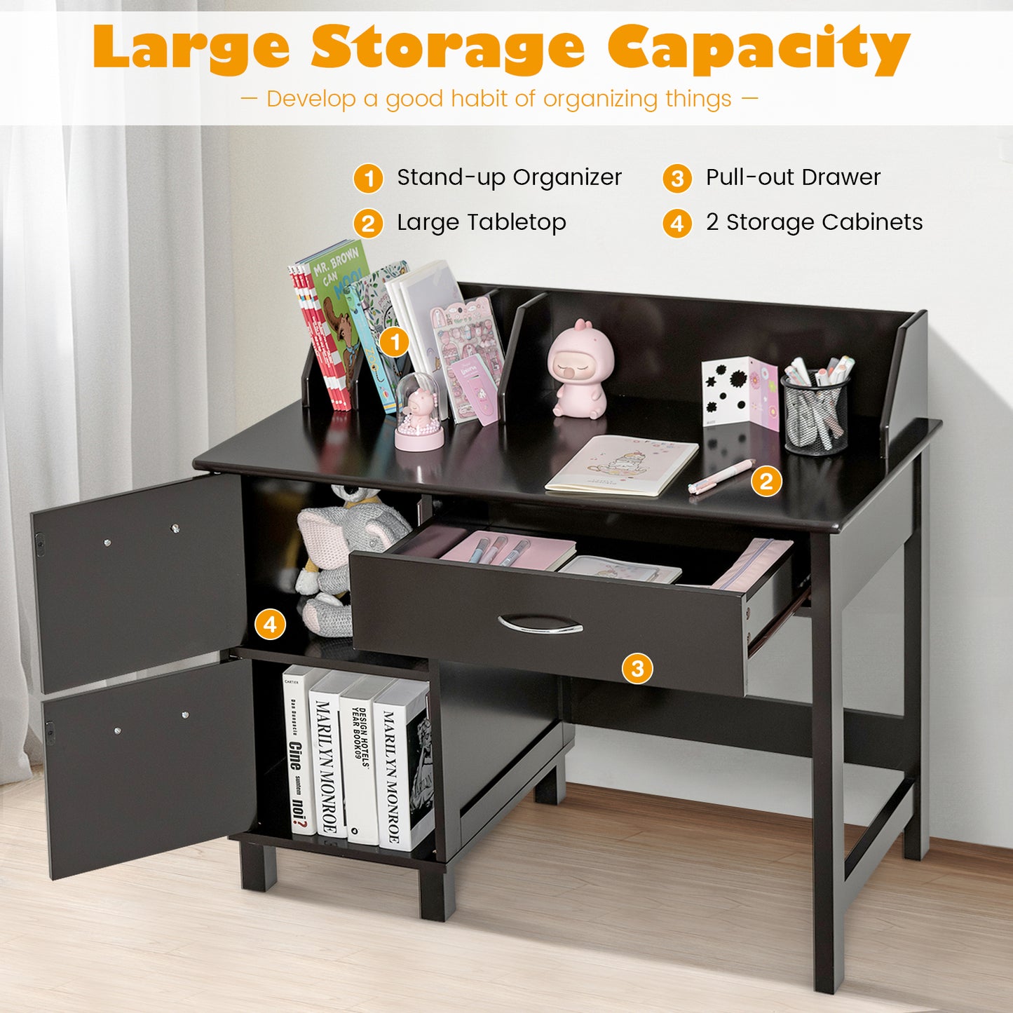 Kids Wooden Writing Furniture Set with Drawer and Storage Cabinet-Dark Brown Kids Crystal