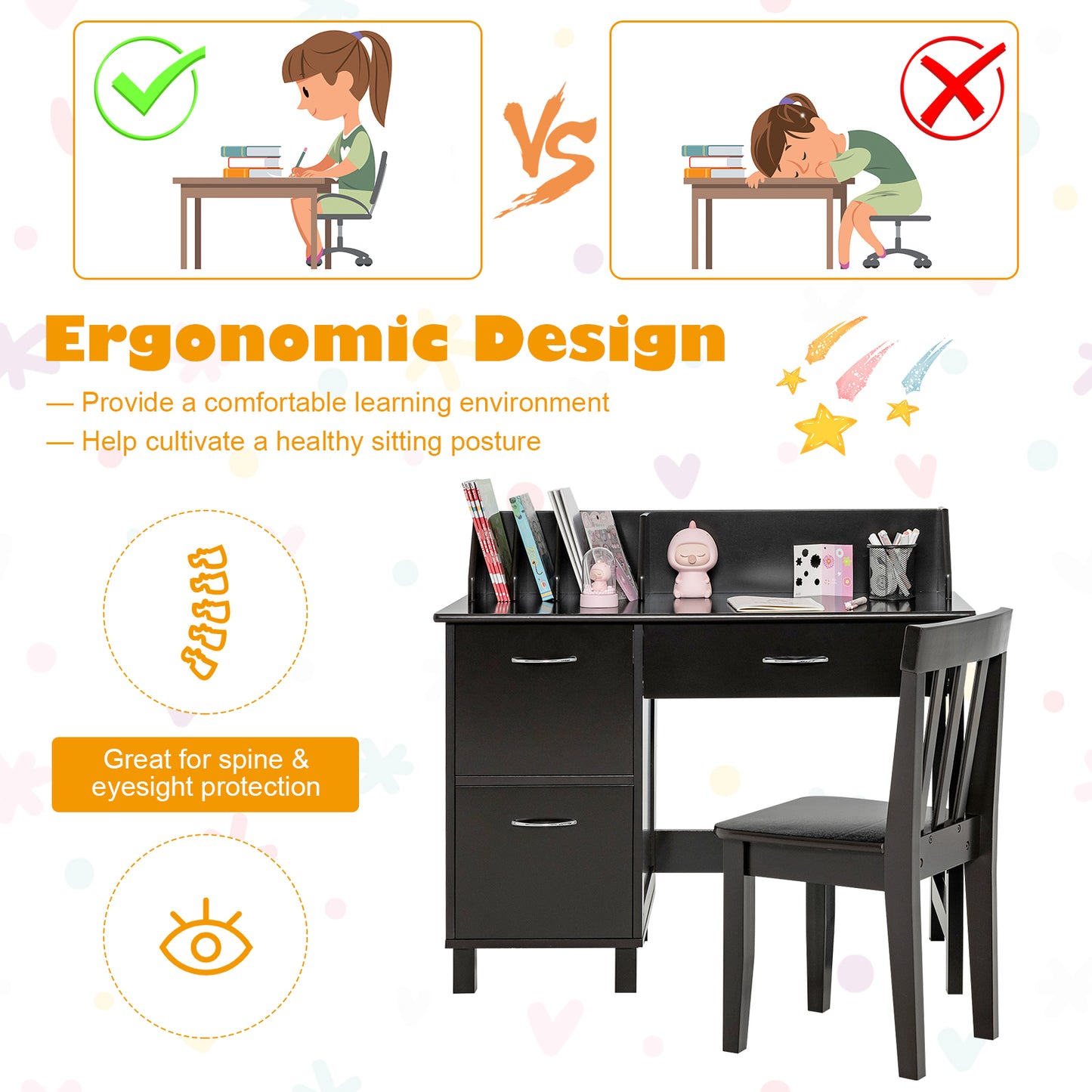Kids Wooden Writing Furniture Set with Drawer and Storage Cabinet-Dark Brown Kids Crystal