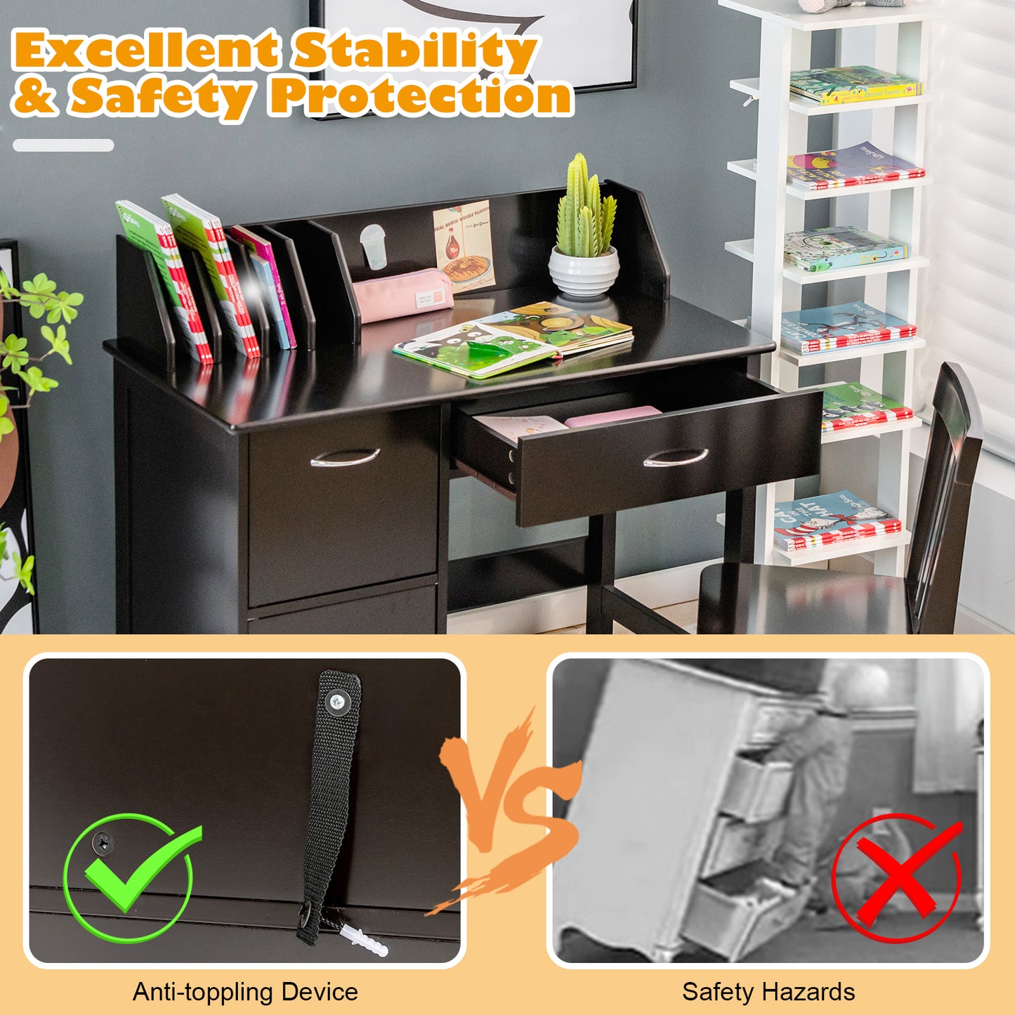 Kids Wooden Writing Furniture Set with Drawer and Storage Cabinet-Dark Brown Kids Crystal