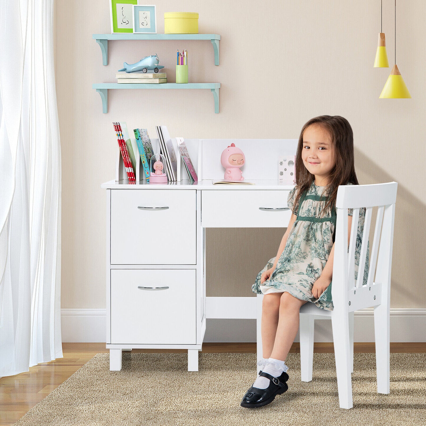 Kids Wooden Writing Furniture Set with Drawer and Storage Cabinet-White Kids Crystal