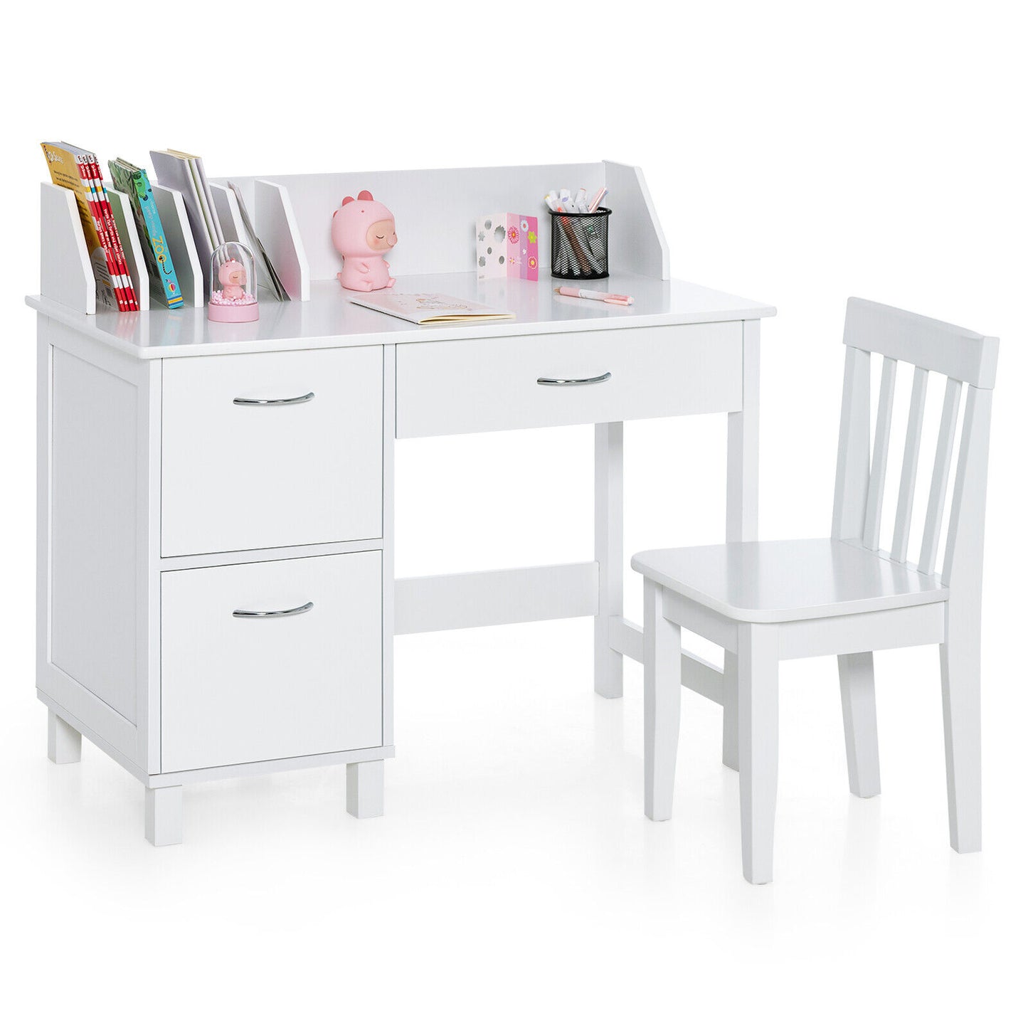 Kids Wooden Writing Furniture Set with Drawer and Storage Cabinet-White Kids Crystal