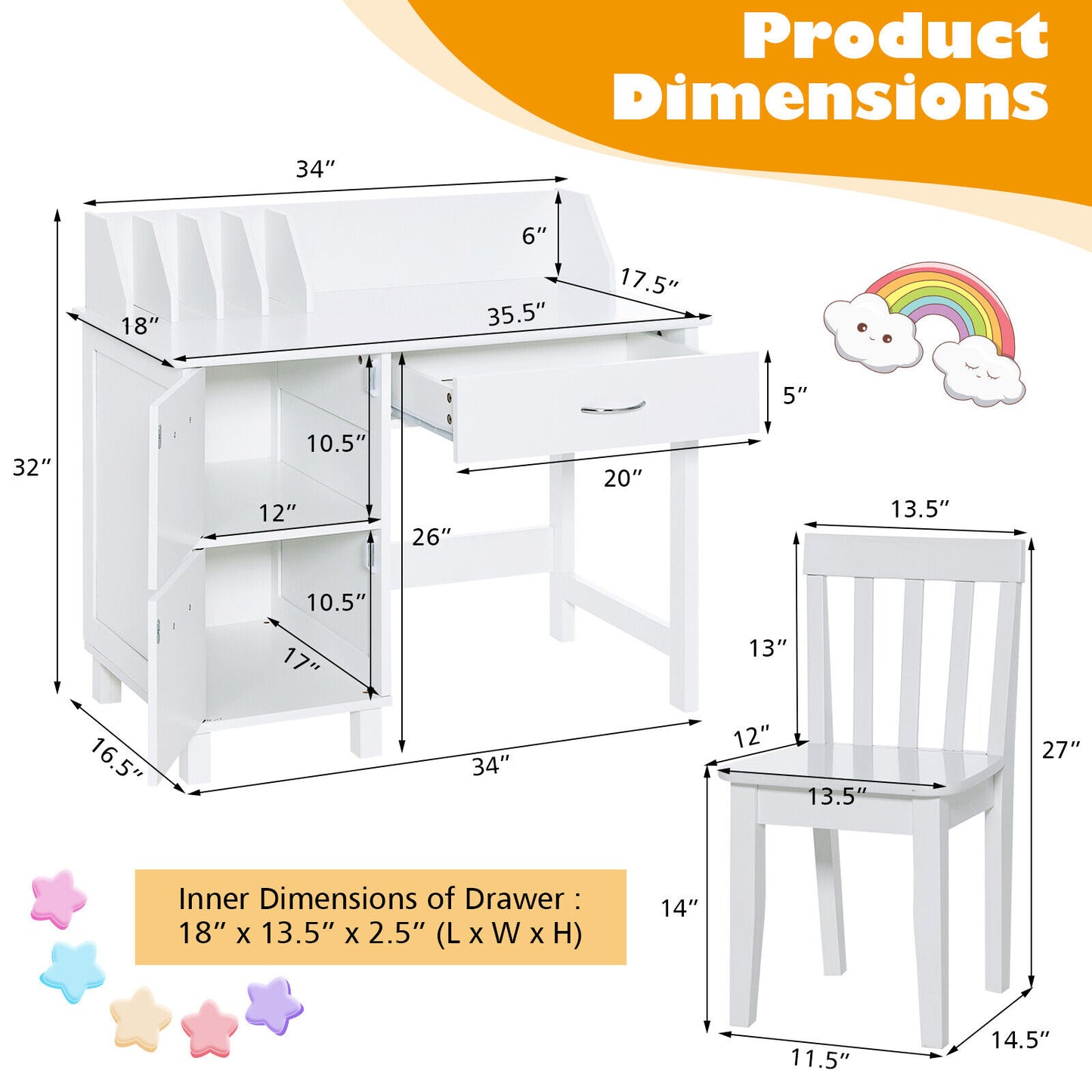 Kids Wooden Writing Furniture Set with Drawer and Storage Cabinet-White Kids Crystal