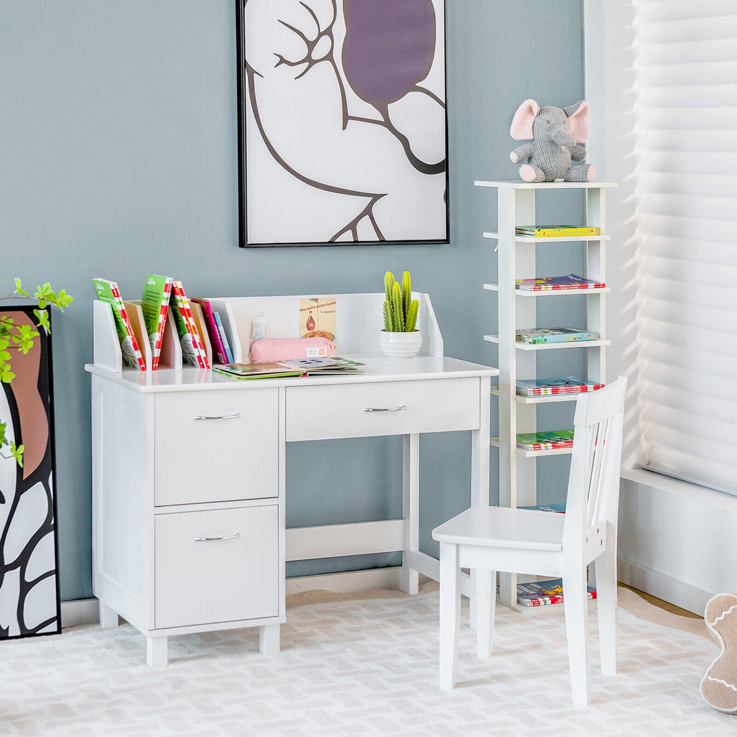 Kids Wooden Writing Furniture Set with Drawer and Storage Cabinet-White Kids Crystal