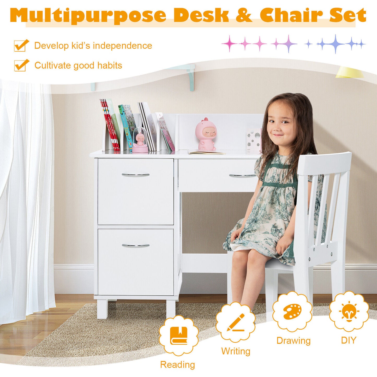 Kids Wooden Writing Furniture Set with Drawer and Storage Cabinet-White Kids Crystal