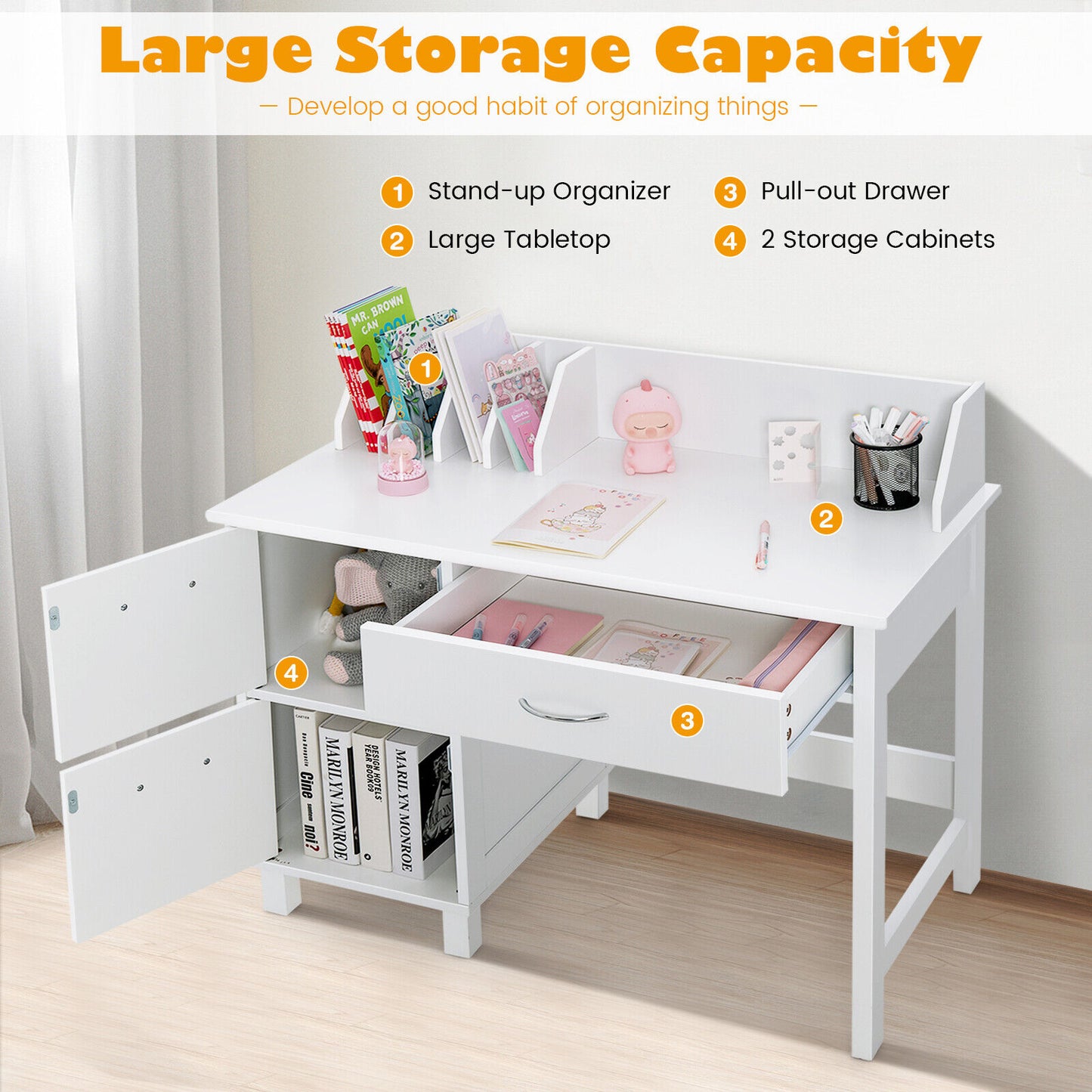 Kids Wooden Writing Furniture Set with Drawer and Storage Cabinet-White Kids Crystal