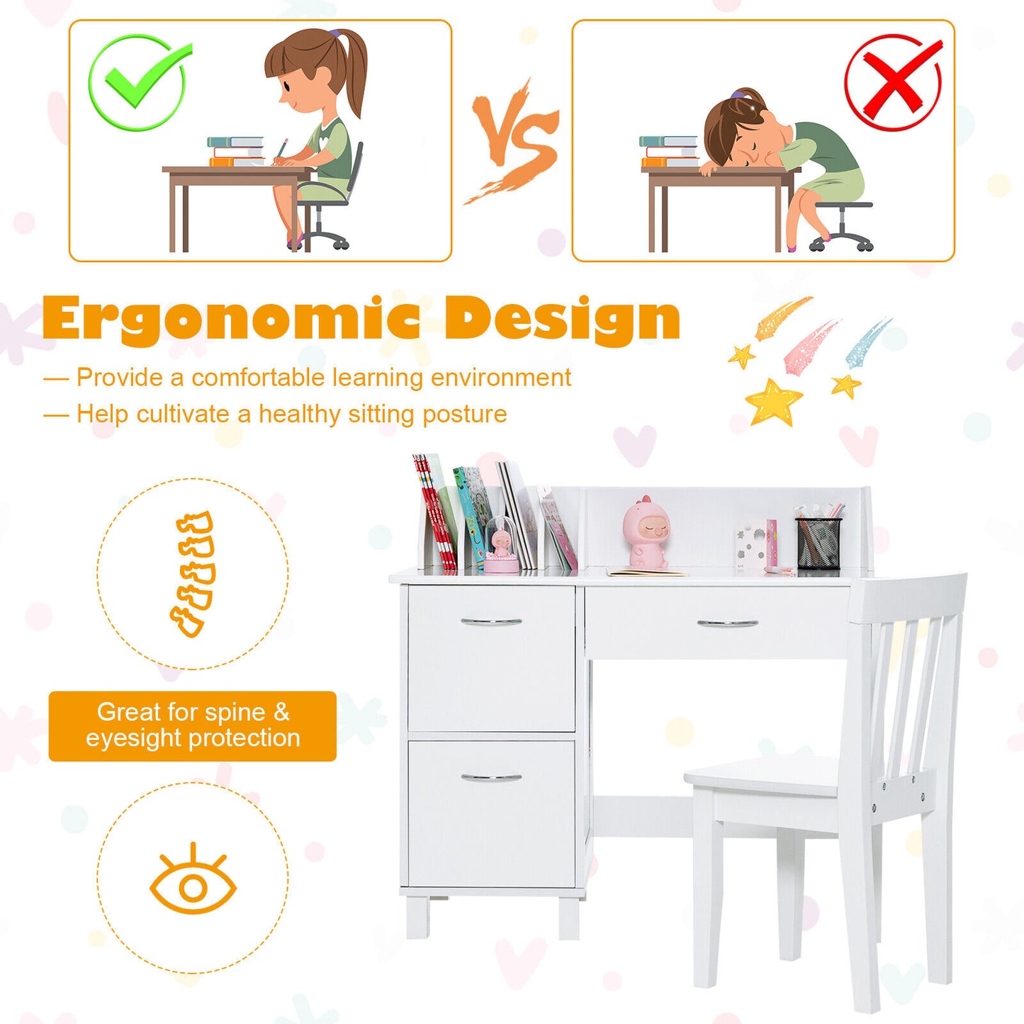 Kids Wooden Writing Furniture Set with Drawer and Storage Cabinet-White Kids Crystal