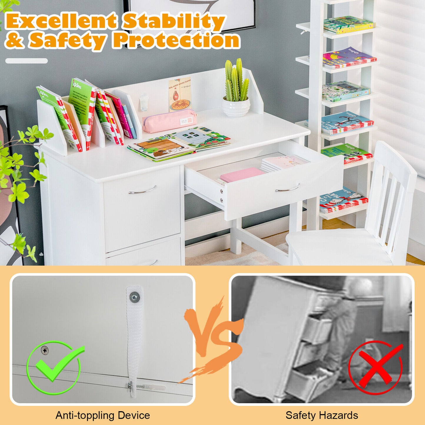 Kids Wooden Writing Furniture Set with Drawer and Storage Cabinet-White Kids Crystal
