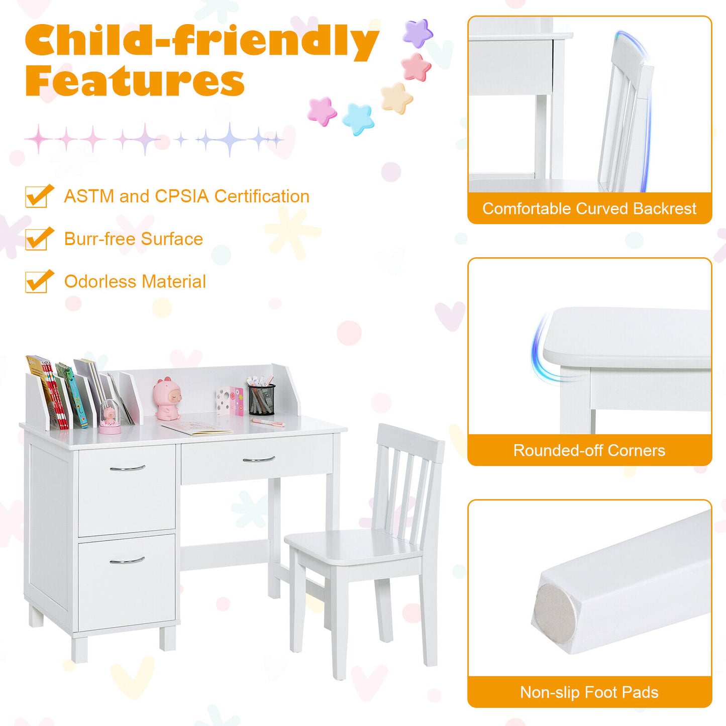 Kids Wooden Writing Furniture Set with Drawer and Storage Cabinet-White Kids Crystal