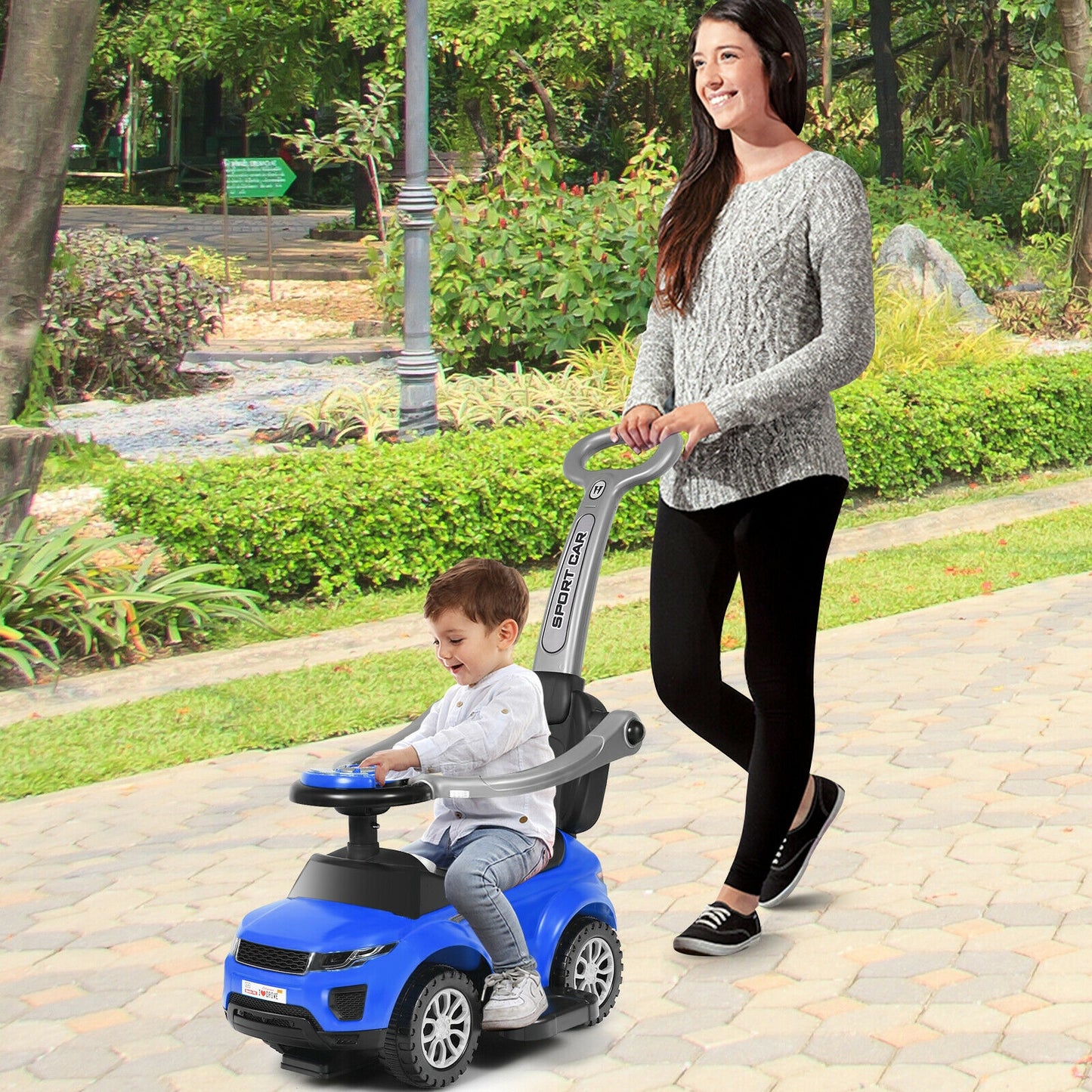 3 In 1 Ride on Push Car Toddler Stroller Sliding Car with Music-Blue Kids Crystal