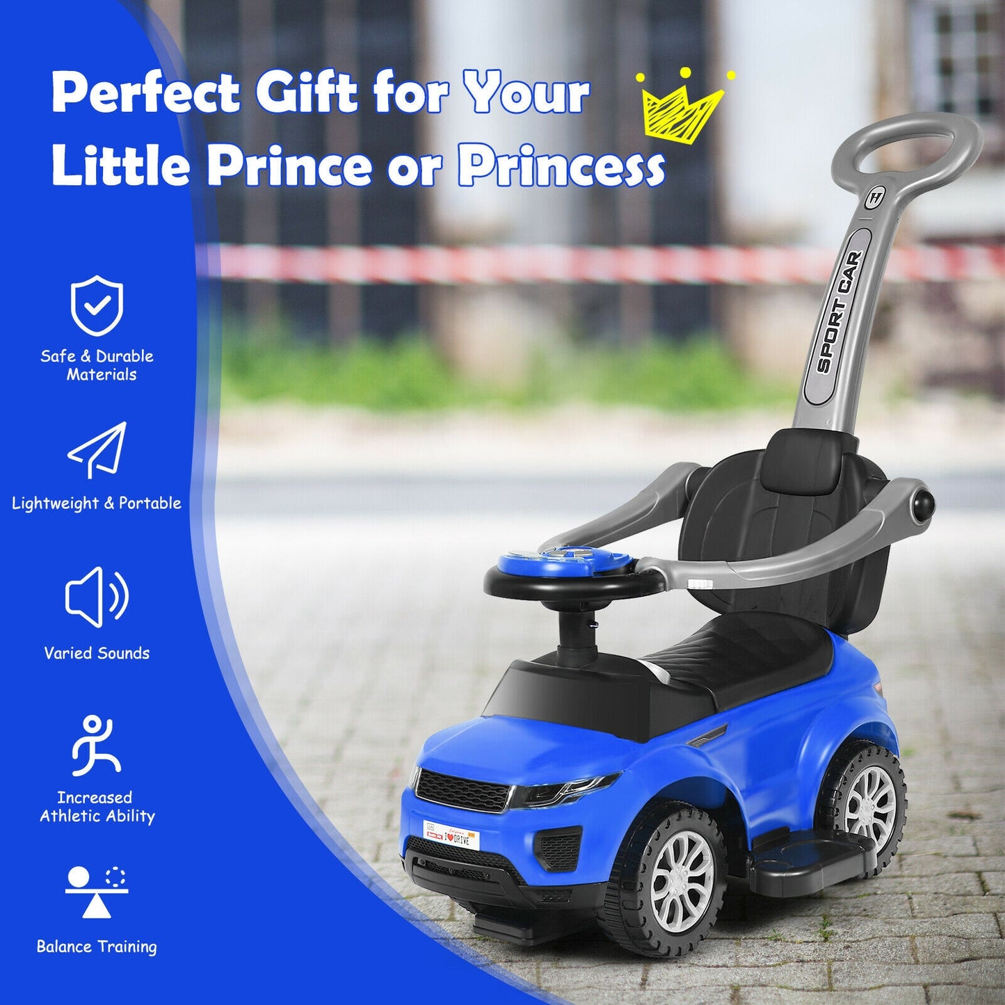 3 In 1 Ride on Push Car Toddler Stroller Sliding Car with Music-Blue Kids Crystal