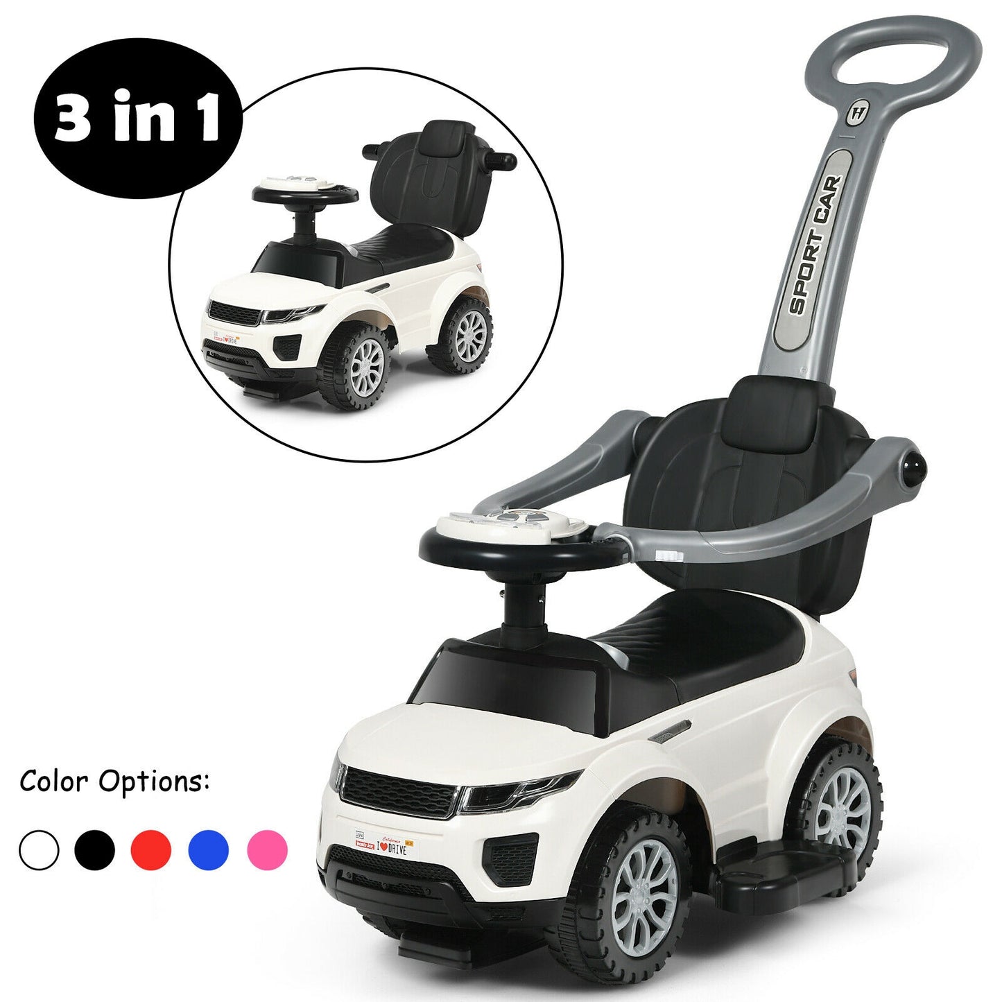 3 In 1 Ride on Push Car Toddler Stroller Sliding Car with Music-White Kids Crystal