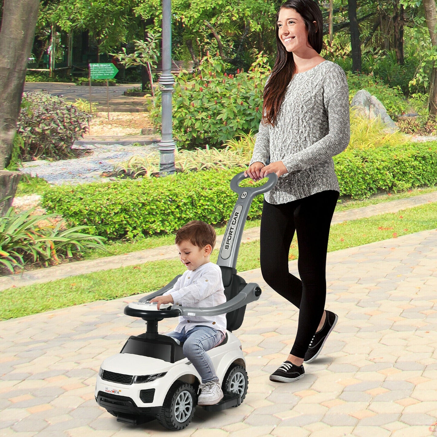 3 In 1 Ride on Push Car Toddler Stroller Sliding Car with Music-White Kids Crystal