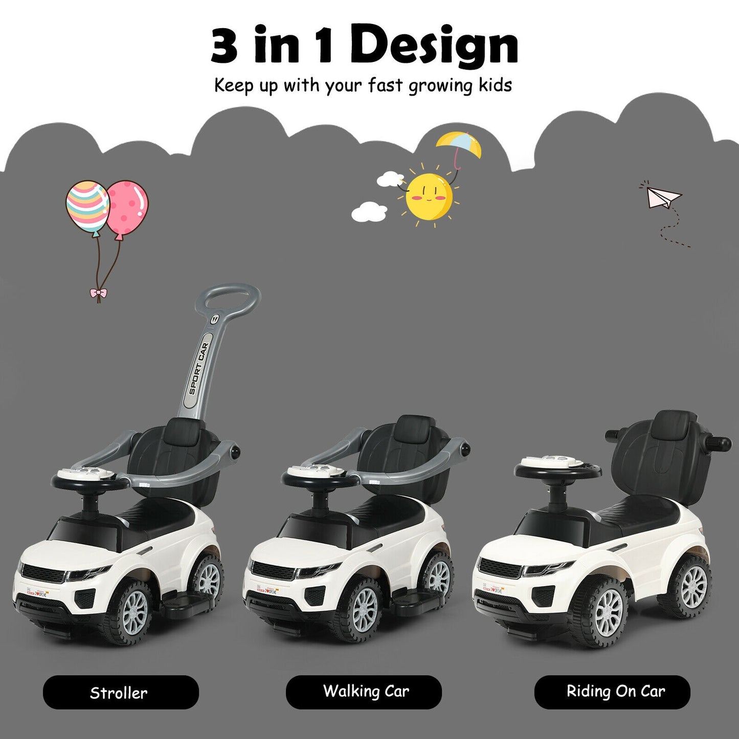 3 In 1 Ride on Push Car Toddler Stroller Sliding Car with Music-White Kids Crystal