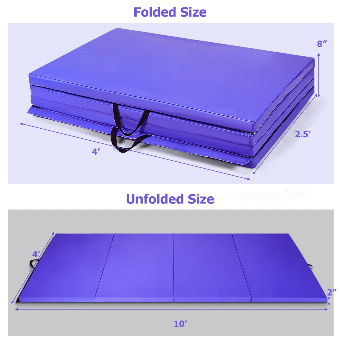 4 Feet x 10 Feet x 2 Inch Folding Gymnastics Tumbling Gym Mat-Purple Kids Crystal