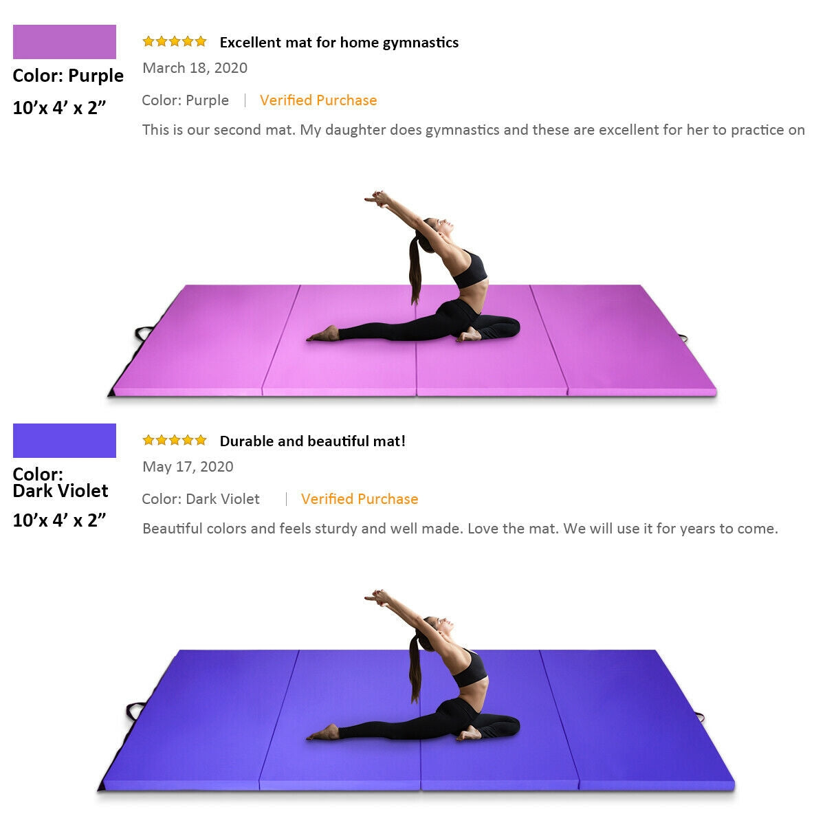 4 Feet x 10 Feet x 2 Inch Folding Gymnastics Tumbling Gym Mat-Purple Kids Crystal