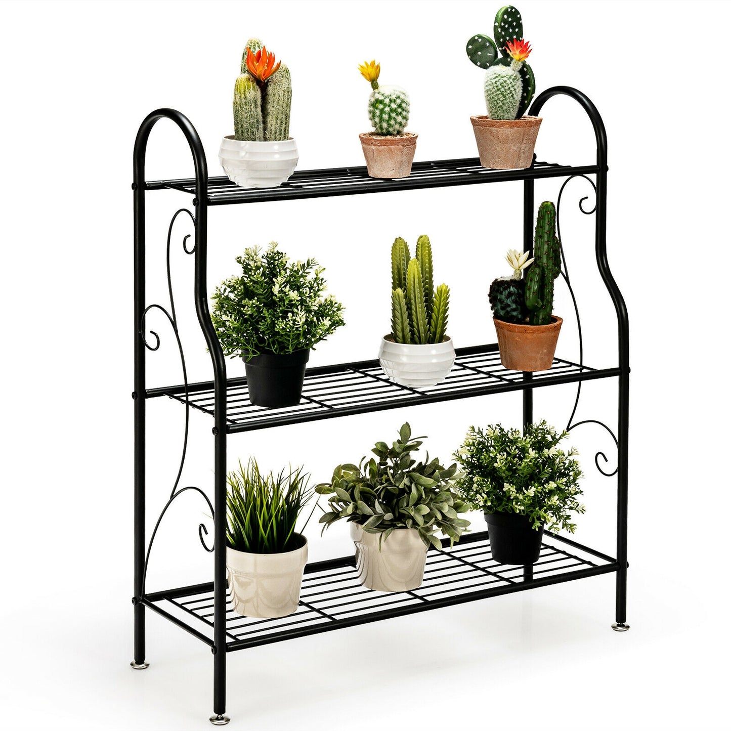 3-Tier Scrollwork Designed Metal Plant Stand-Black Kids Crystal