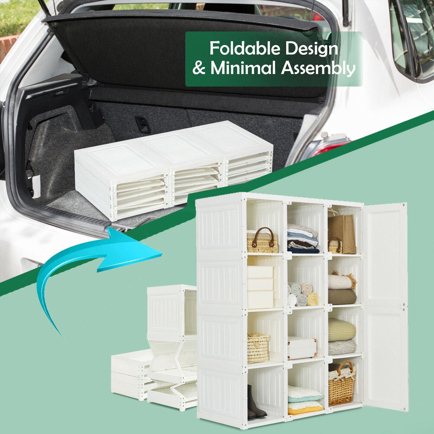 Clothes Foldable Armoire Wardrobe Closet with 12 Cubby Storage Kids Crystal