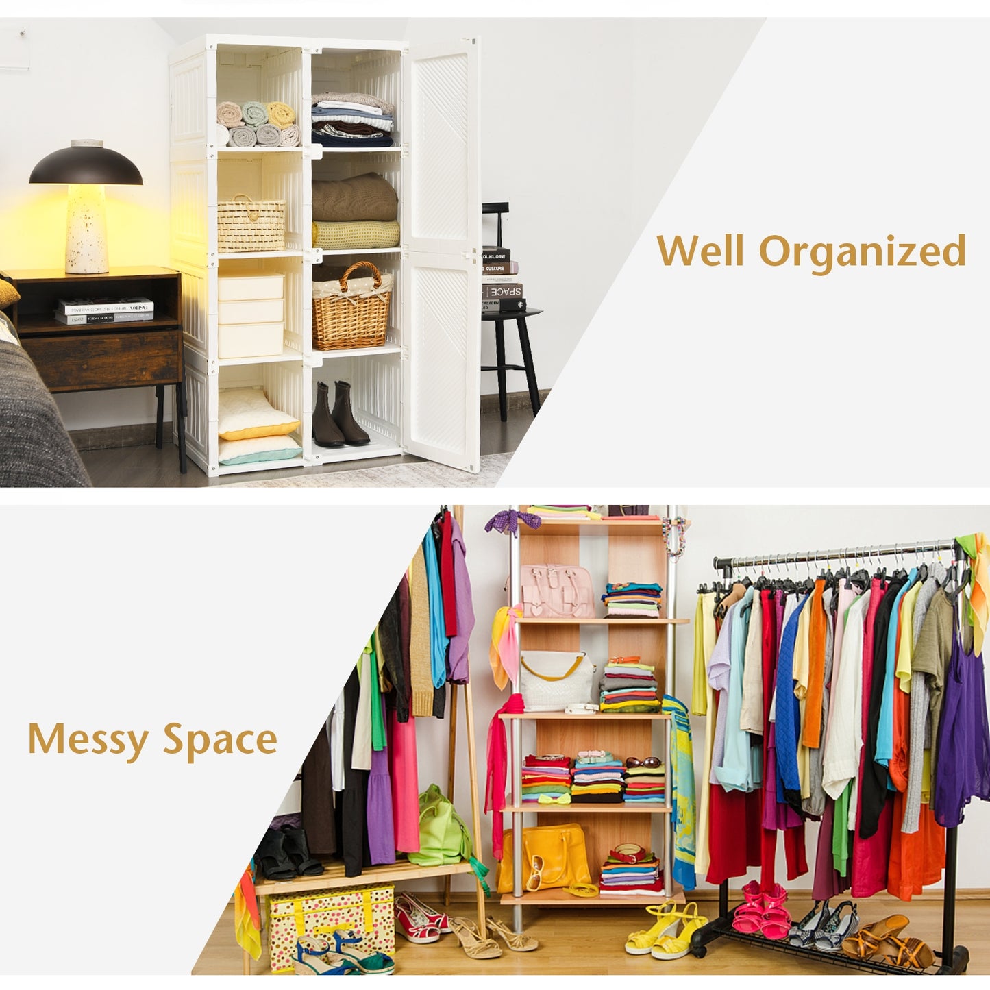 Foldable Armoire Wardrobe Closet with 8 Cubby Storage Kids Crystal