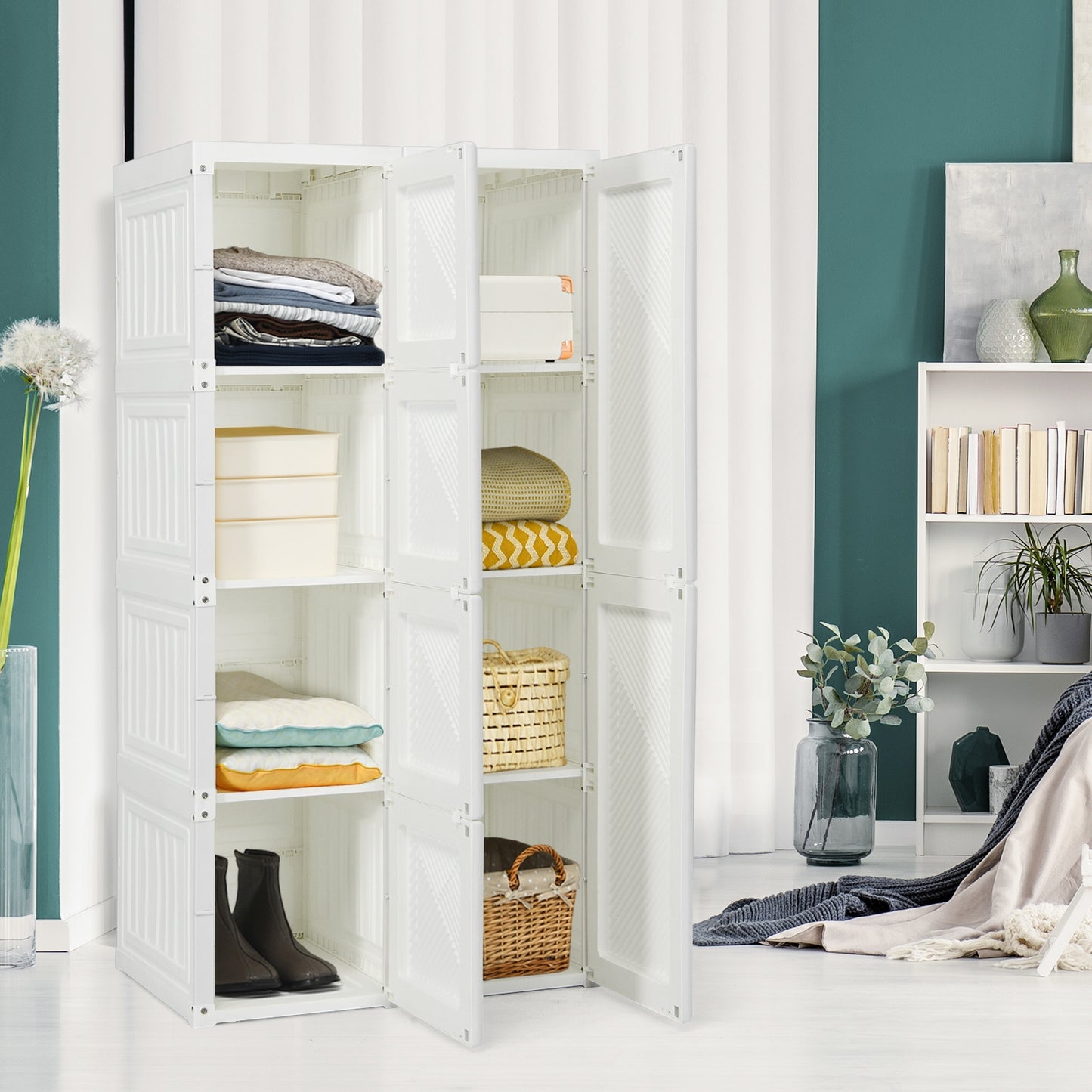 Foldable Armoire Wardrobe Closet with 8 Cubby Storage Kids Crystal