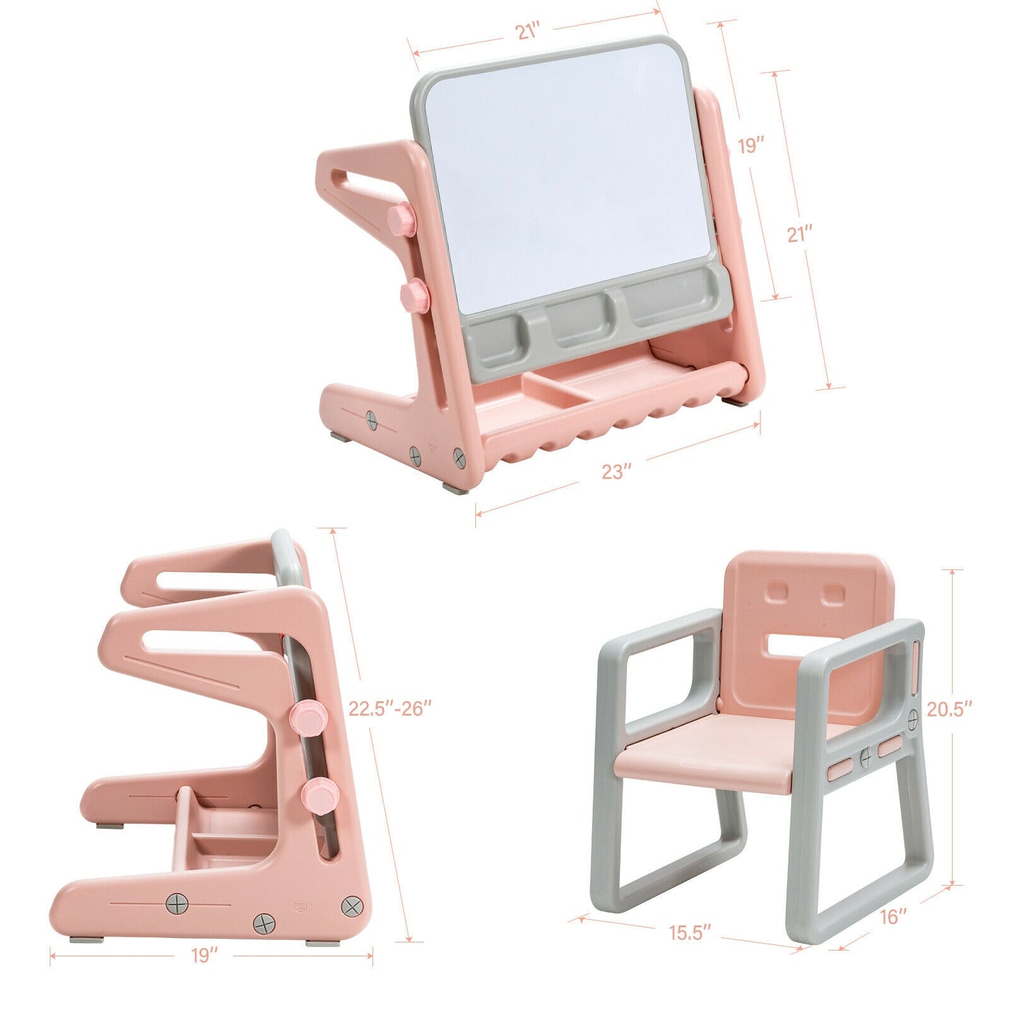 2 in 1 Kids Easel Table and Chair Set with Adjustable Art Painting Board-Pink Kids Crystal
