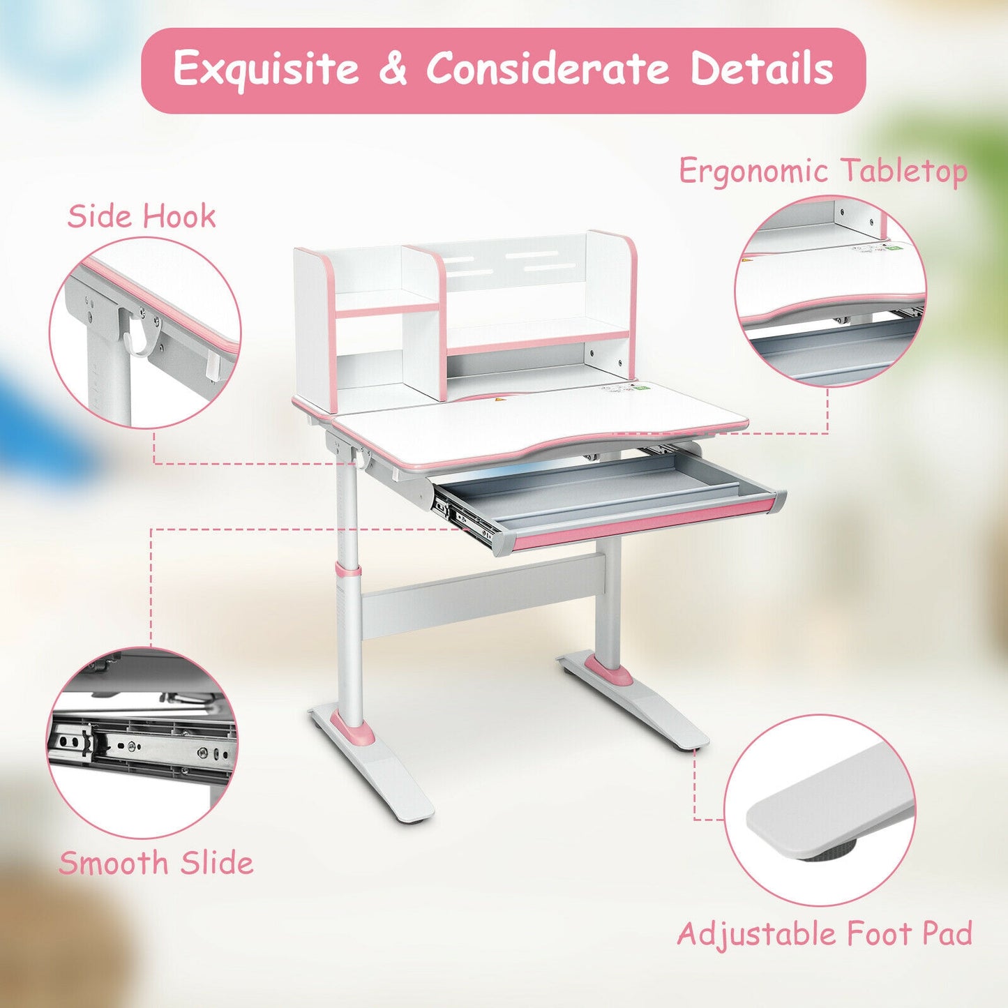 Kids Multifunctional Writing Desk with Tilt Desktop and Book Shelf-Pink Kids Crystal