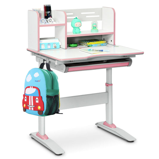 Kids Multifunctional Writing Desk with Tilt Desktop and Book Shelf-Pink Kids Crystal