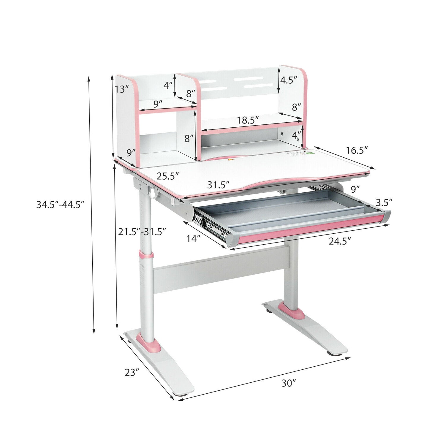 Kids Multifunctional Writing Desk with Tilt Desktop and Book Shelf-Pink Kids Crystal