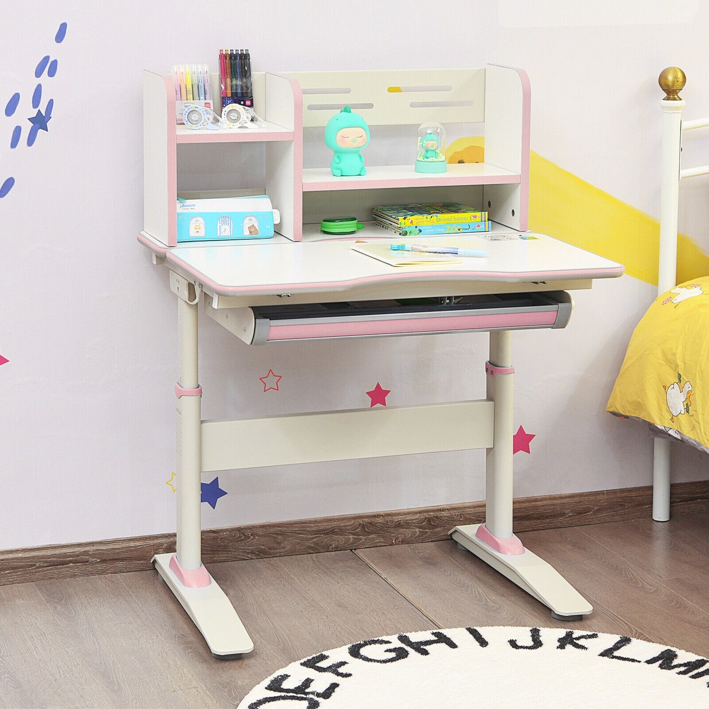 Kids Multifunctional Writing Desk with Tilt Desktop and Book Shelf-Pink Kids Crystal