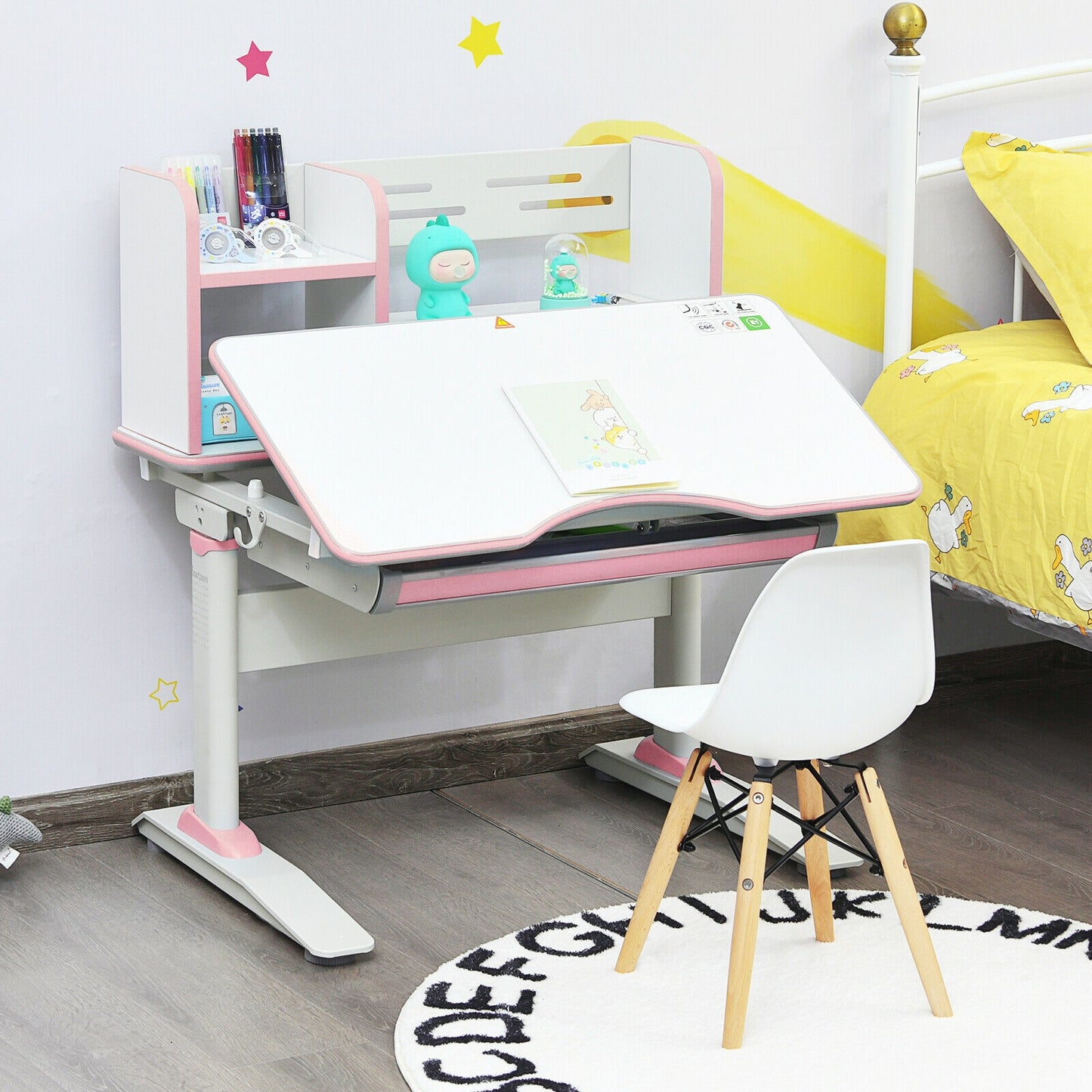 Kids Multifunctional Writing Desk with Tilt Desktop and Book Shelf-Pink Kids Crystal