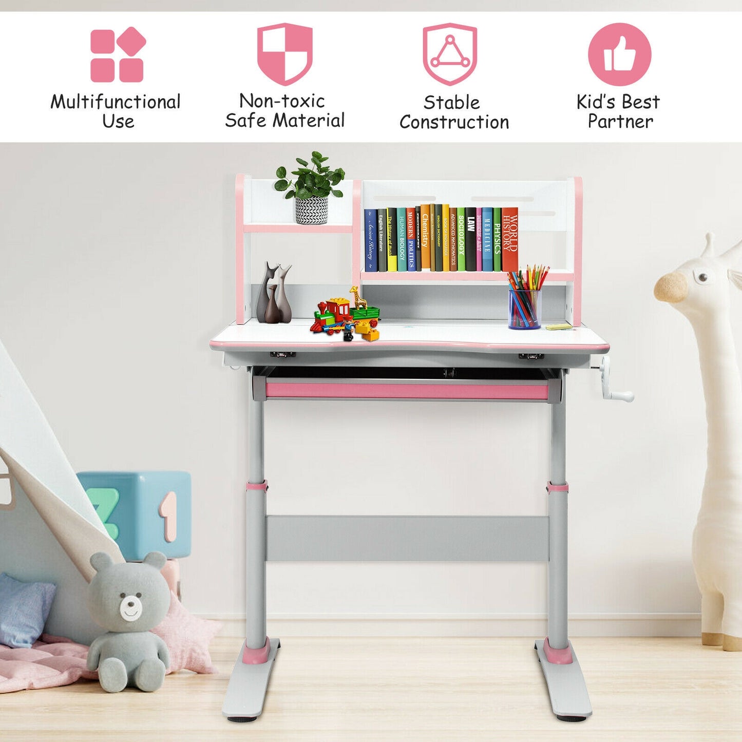 Kids Multifunctional Writing Desk with Tilt Desktop and Book Shelf-Pink Kids Crystal