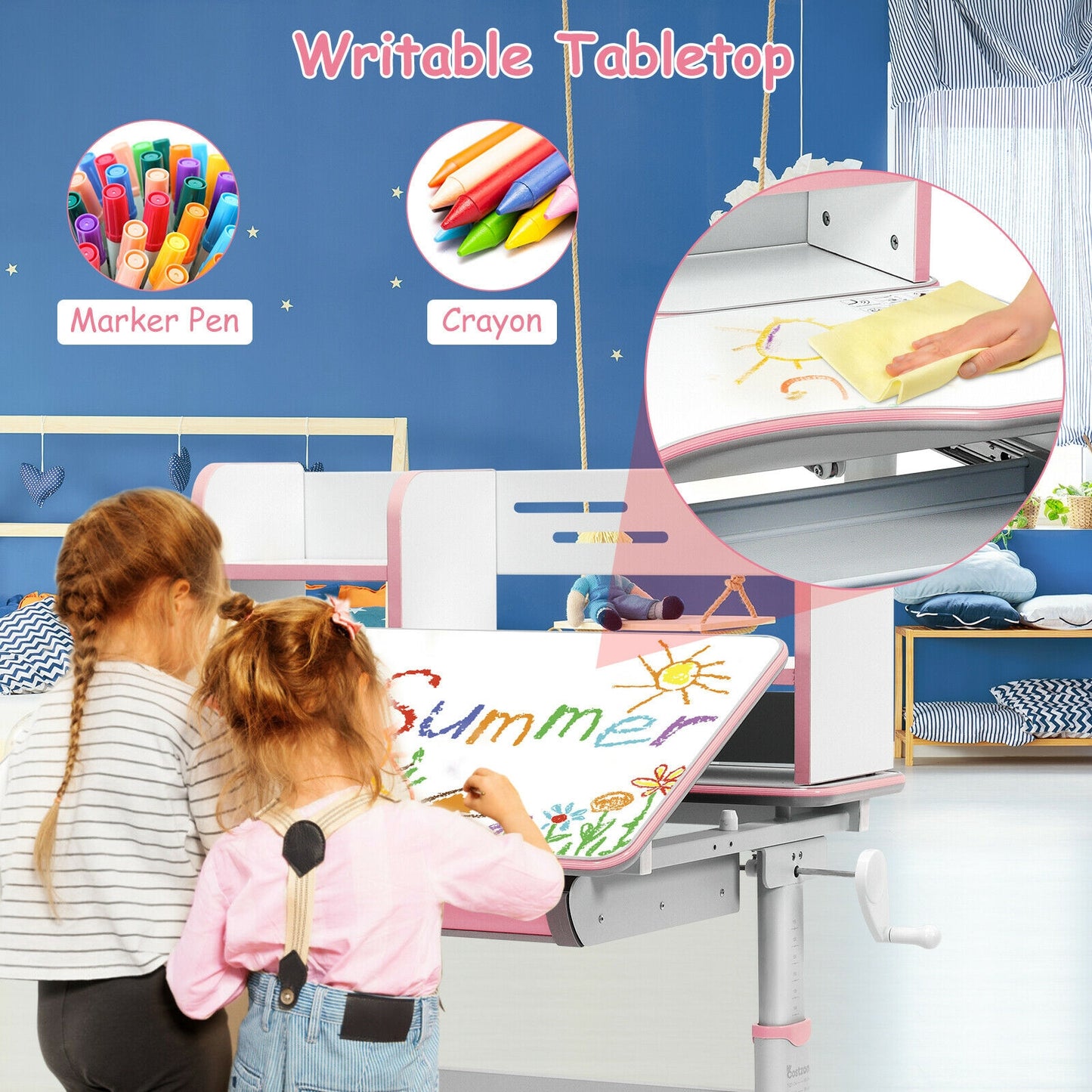 Kids Multifunctional Writing Desk with Tilt Desktop and Book Shelf-Pink Kids Crystal