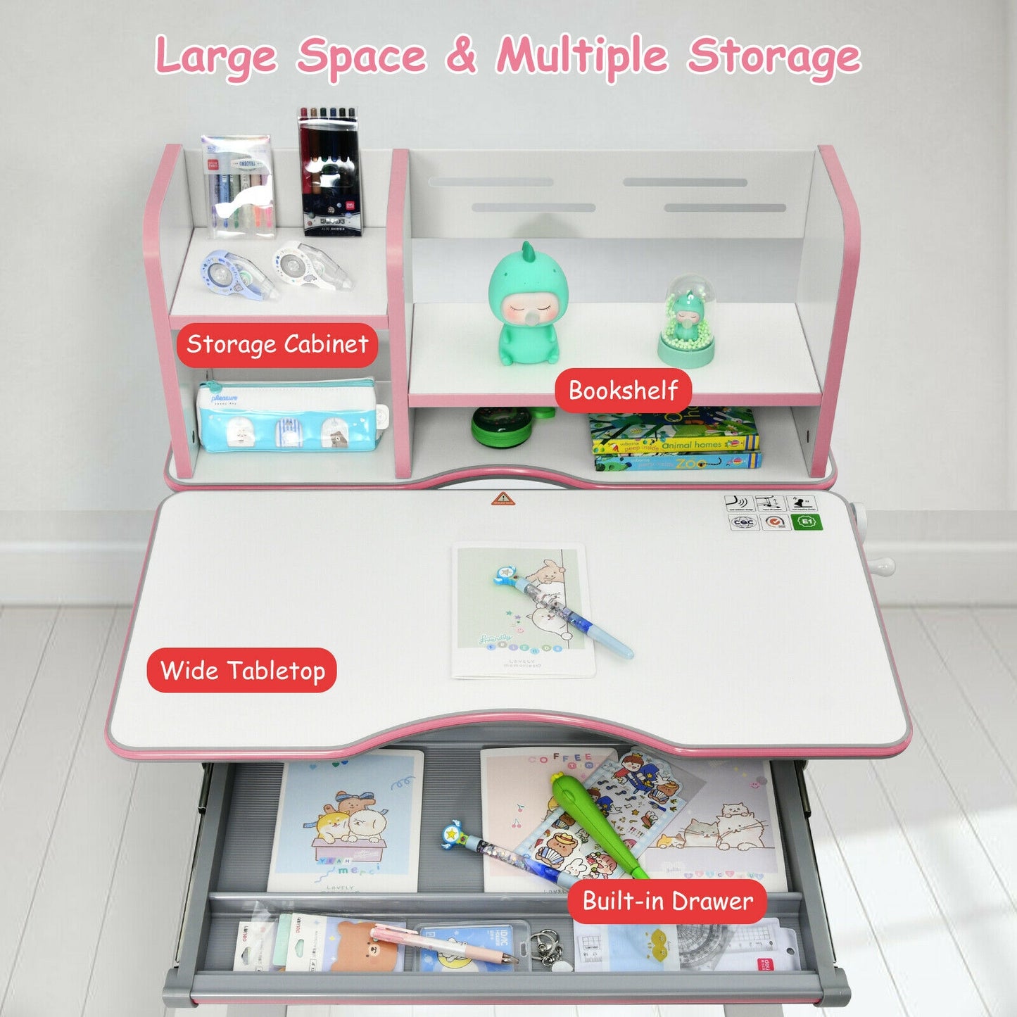 Kids Multifunctional Writing Desk with Tilt Desktop and Book Shelf-Pink Kids Crystal