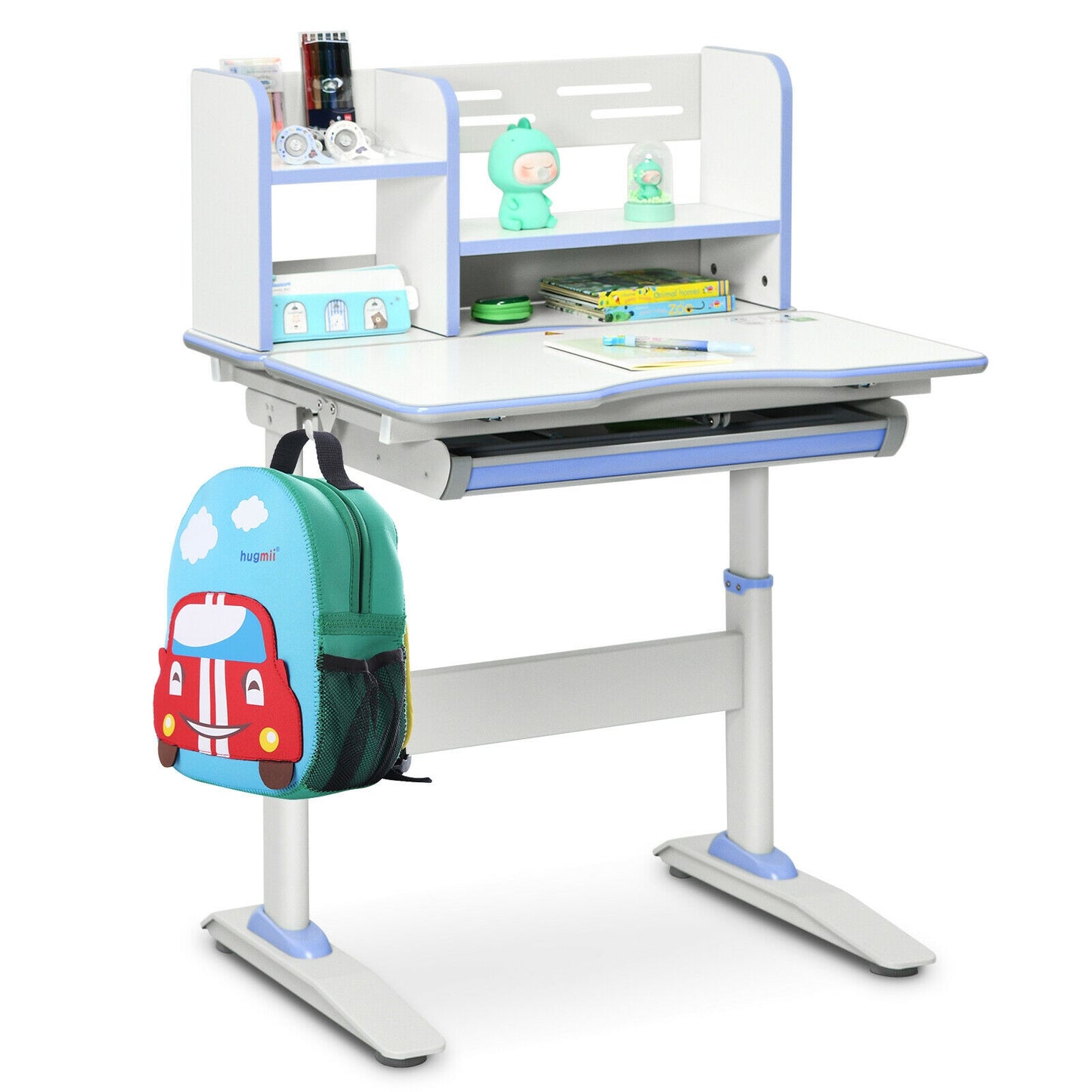 Kids Multifunctional Writing Desk with Tilt Desktop and Book Shelf-Blue Kids Crystal