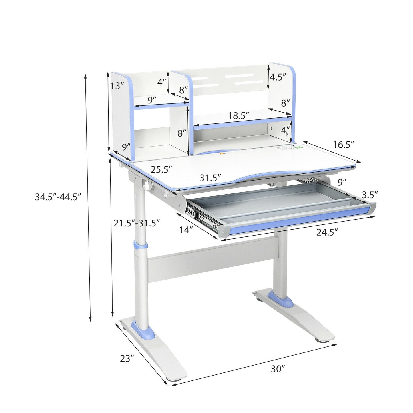 Kids Multifunctional Writing Desk with Tilt Desktop and Book Shelf-Blue Kids Crystal