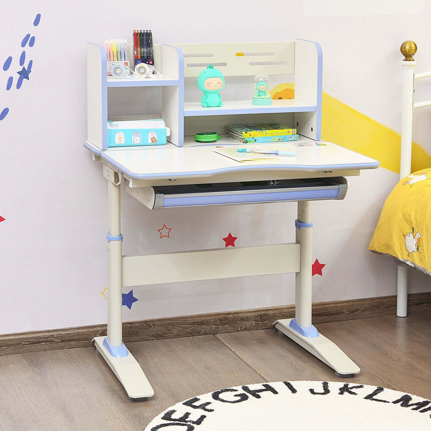Kids Multifunctional Writing Desk with Tilt Desktop and Book Shelf-Blue Kids Crystal