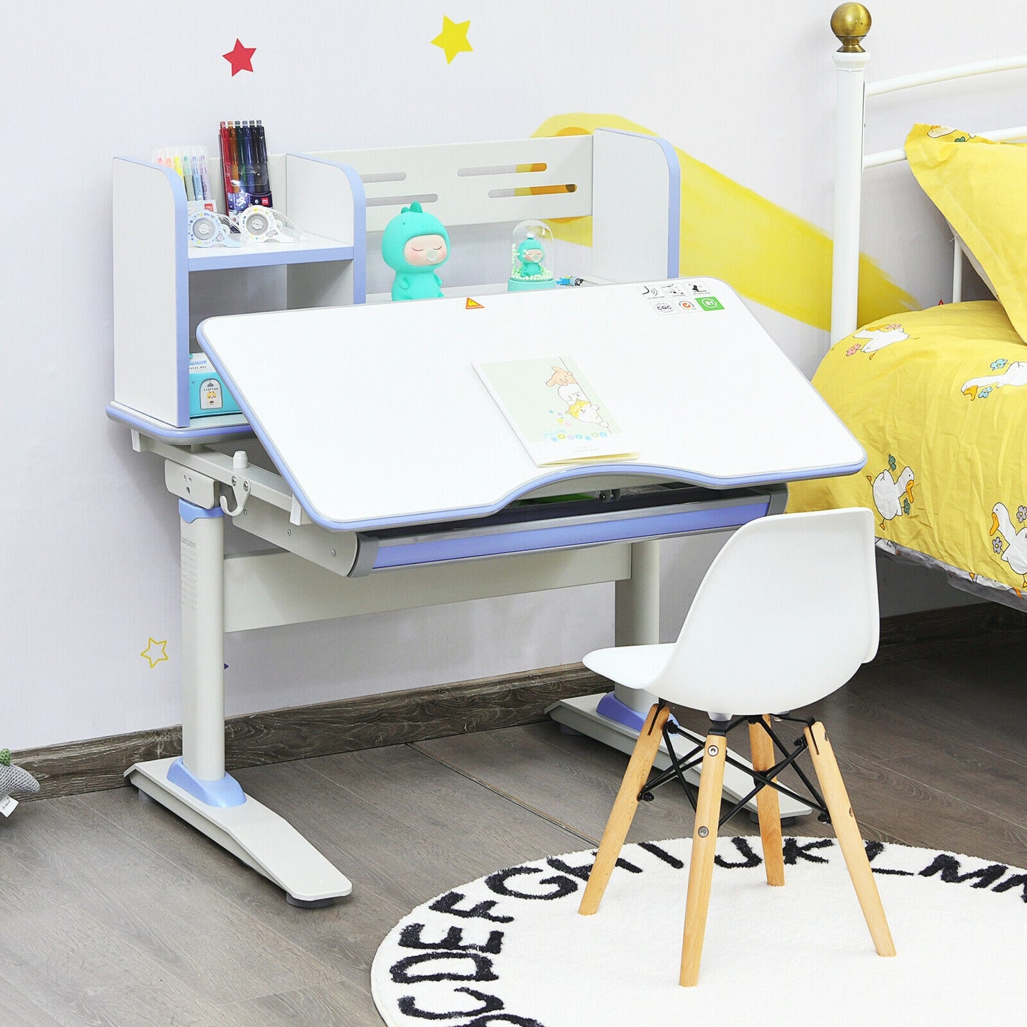 Kids Multifunctional Writing Desk with Tilt Desktop and Book Shelf-Blue Kids Crystal