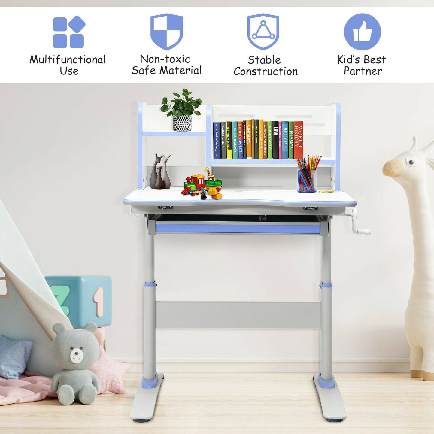 Kids Multifunctional Writing Desk with Tilt Desktop and Book Shelf-Blue Kids Crystal
