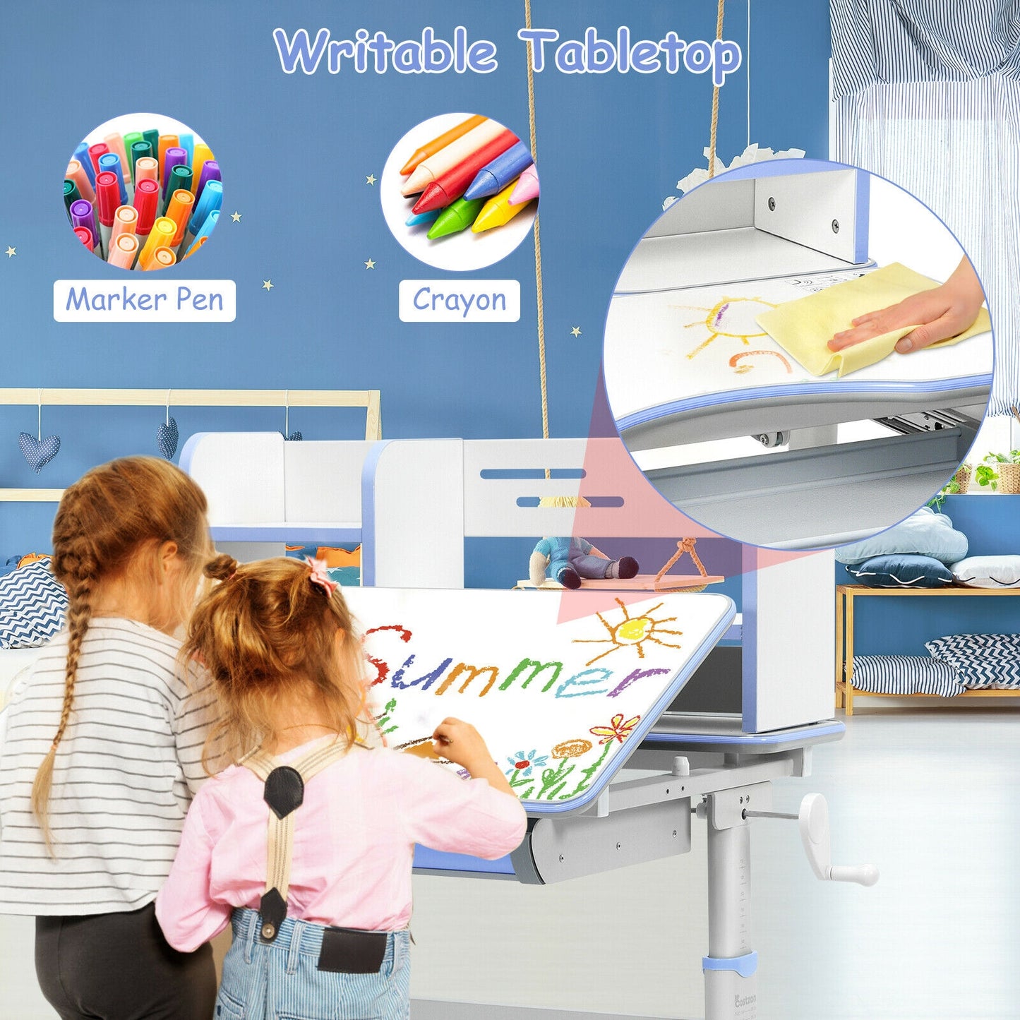 Kids Multifunctional Writing Desk with Tilt Desktop and Book Shelf-Blue Kids Crystal