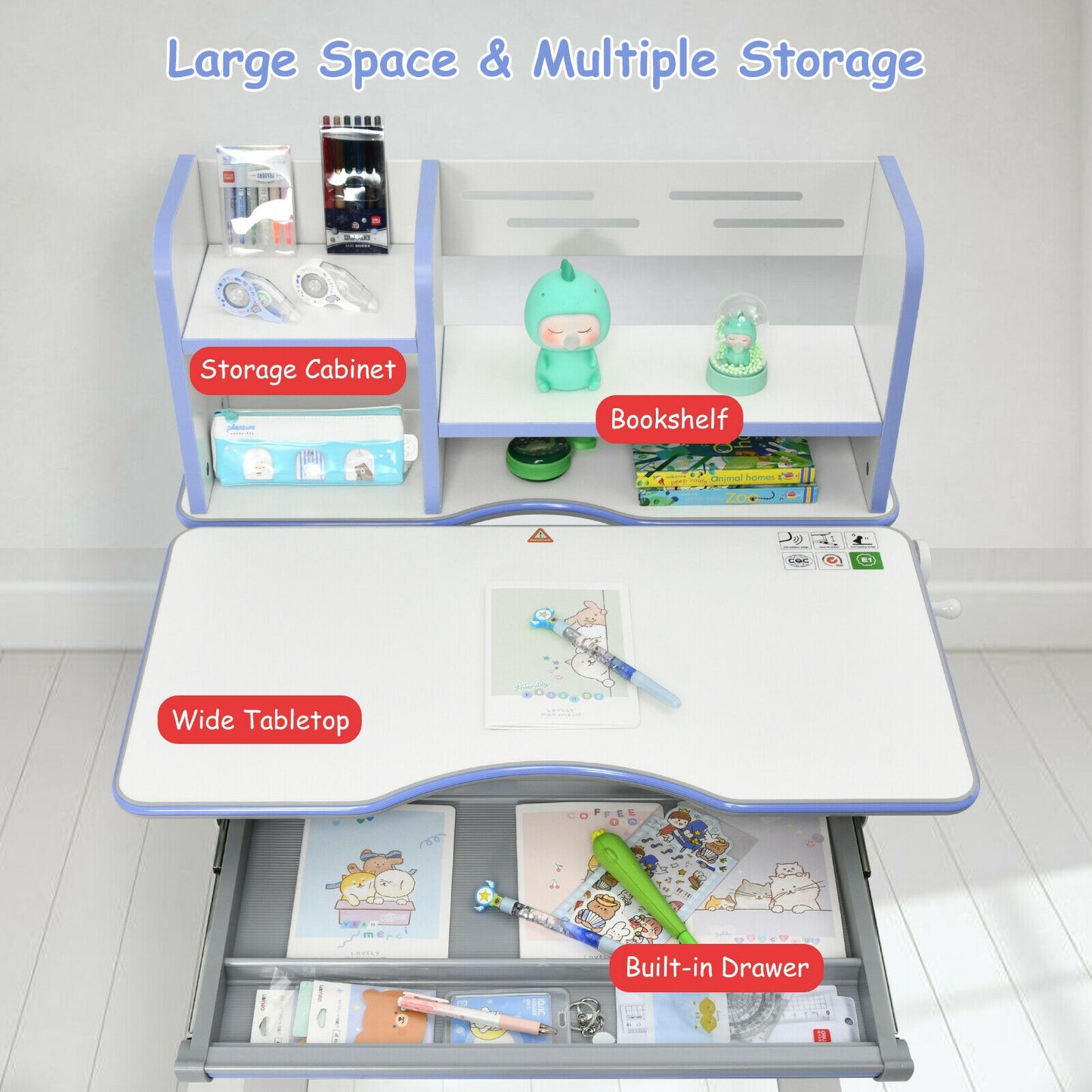 Kids Multifunctional Writing Desk with Tilt Desktop and Book Shelf-Blue Kids Crystal