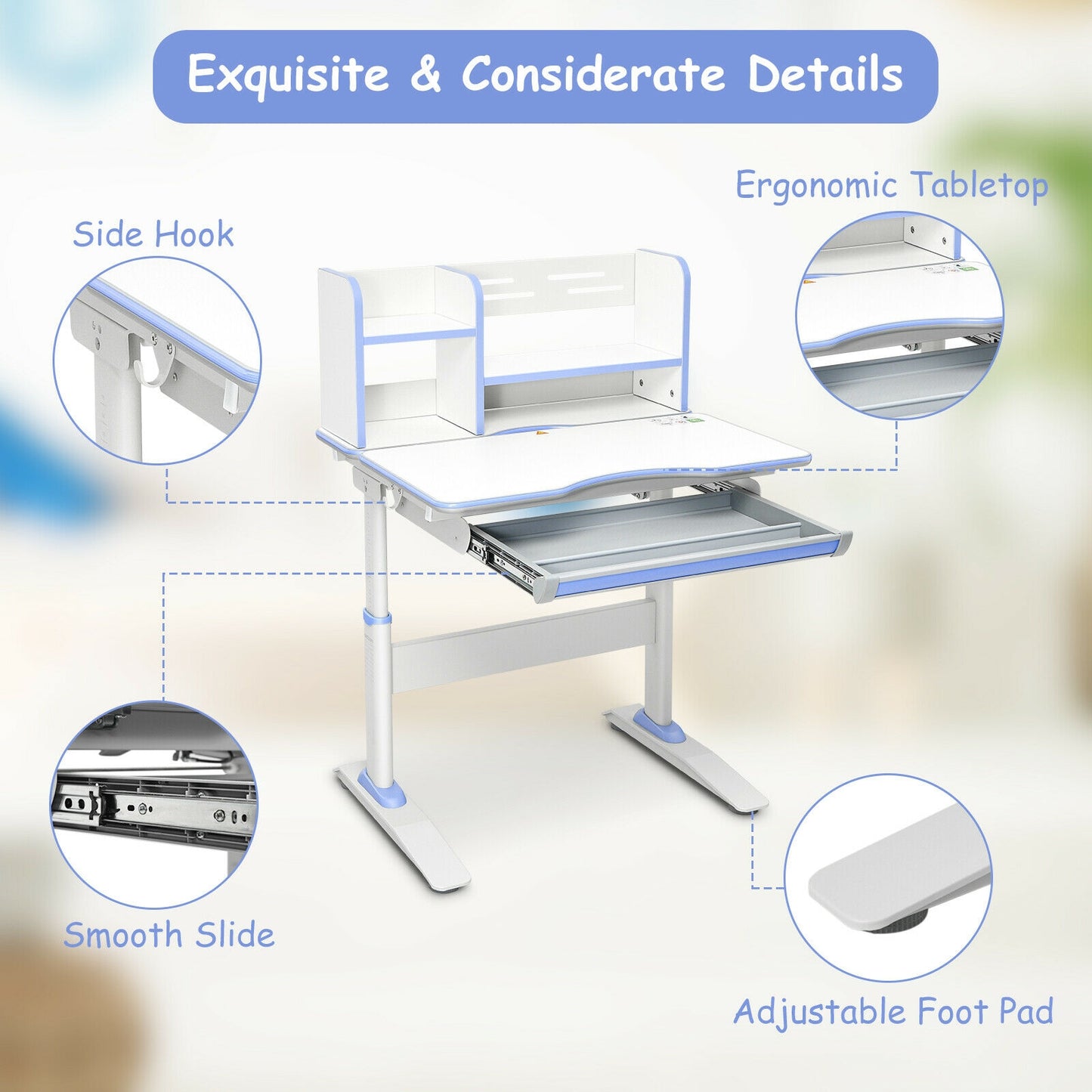 Kids Multifunctional Writing Desk with Tilt Desktop and Book Shelf-Blue Kids Crystal