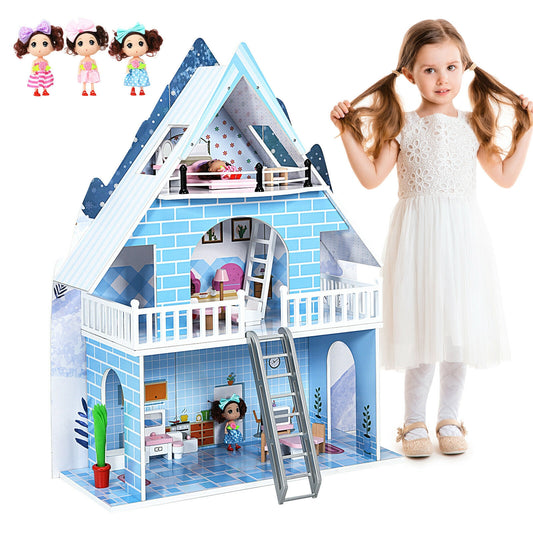 Wooden Dollhouse 3-Story Pretend Playset with Furniture and Doll Gift for Age 3+ Year Kids Crystal