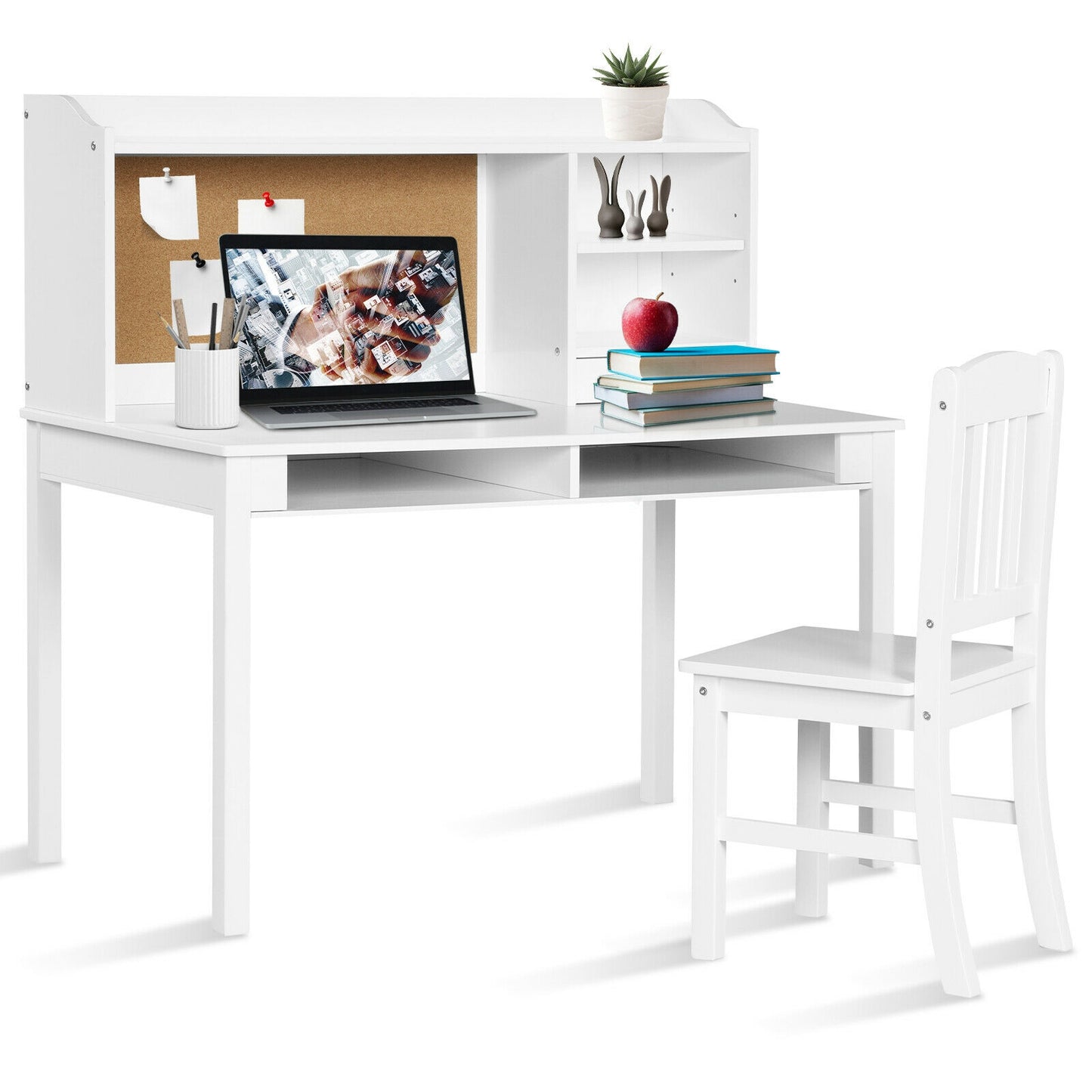 Kids Desk and Chair Set Study Writing Desk with Hutch and Bookshelves-White Kids Crystal