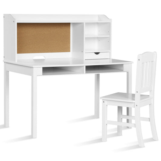 Kids Desk and Chair Set Study Writing Desk with Hutch and Bookshelves-White Kids Crystal