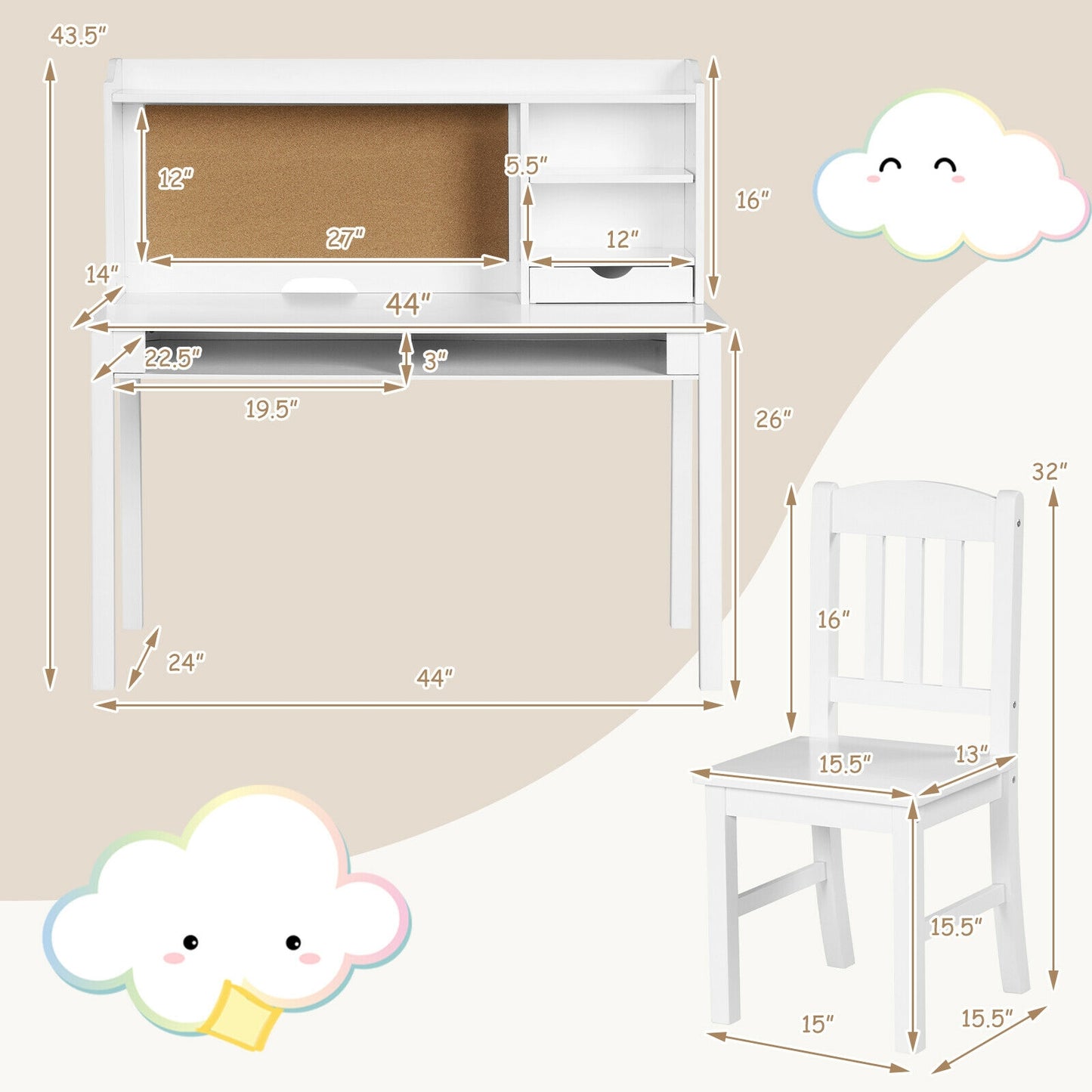 Kids Desk and Chair Set Study Writing Desk with Hutch and Bookshelves-White Kids Crystal