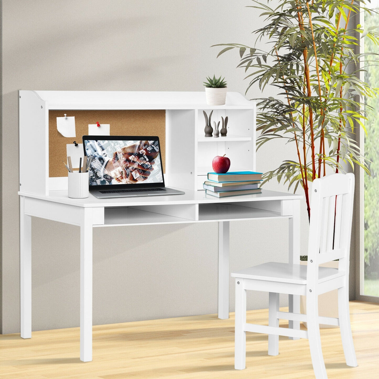 Kids Desk and Chair Set Study Writing Desk with Hutch and Bookshelves-White Kids Crystal