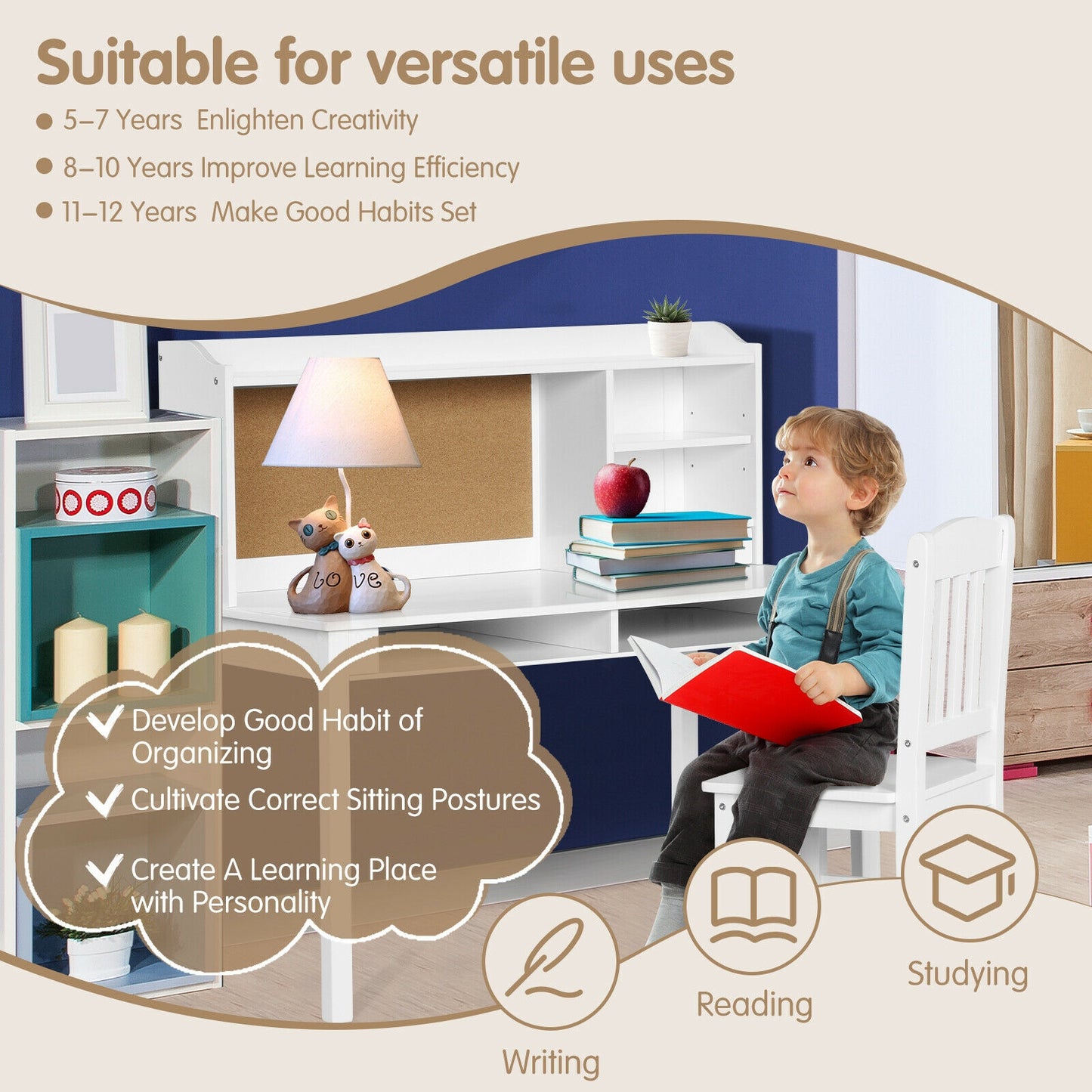 Kids Desk and Chair Set Study Writing Desk with Hutch and Bookshelves-White Kids Crystal